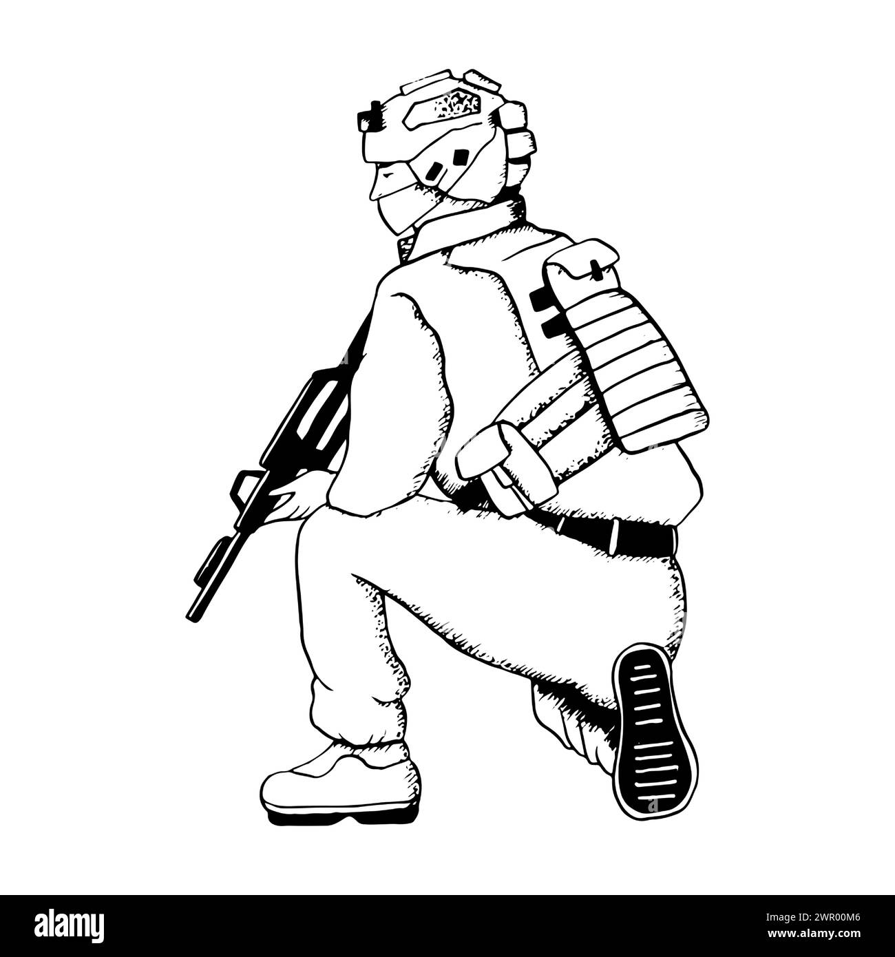 Vector soldier sitting in ambush with rifle illustration in black and white. Israeli military man for Veteran and Remembrance Day design Stock Vector