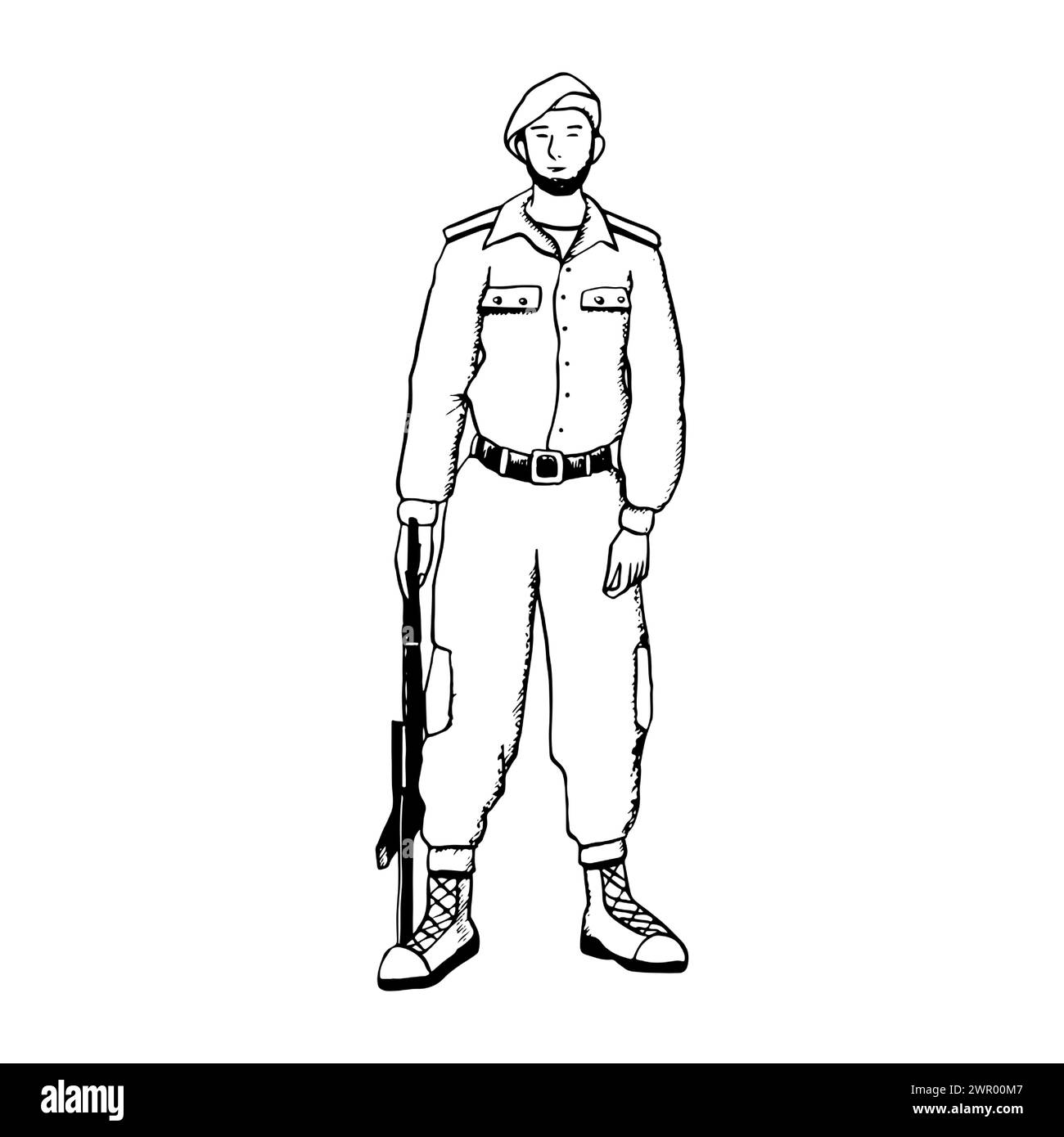 Vector soldier taking oath in black and white line illustration for patriotic military designs Stock Vector