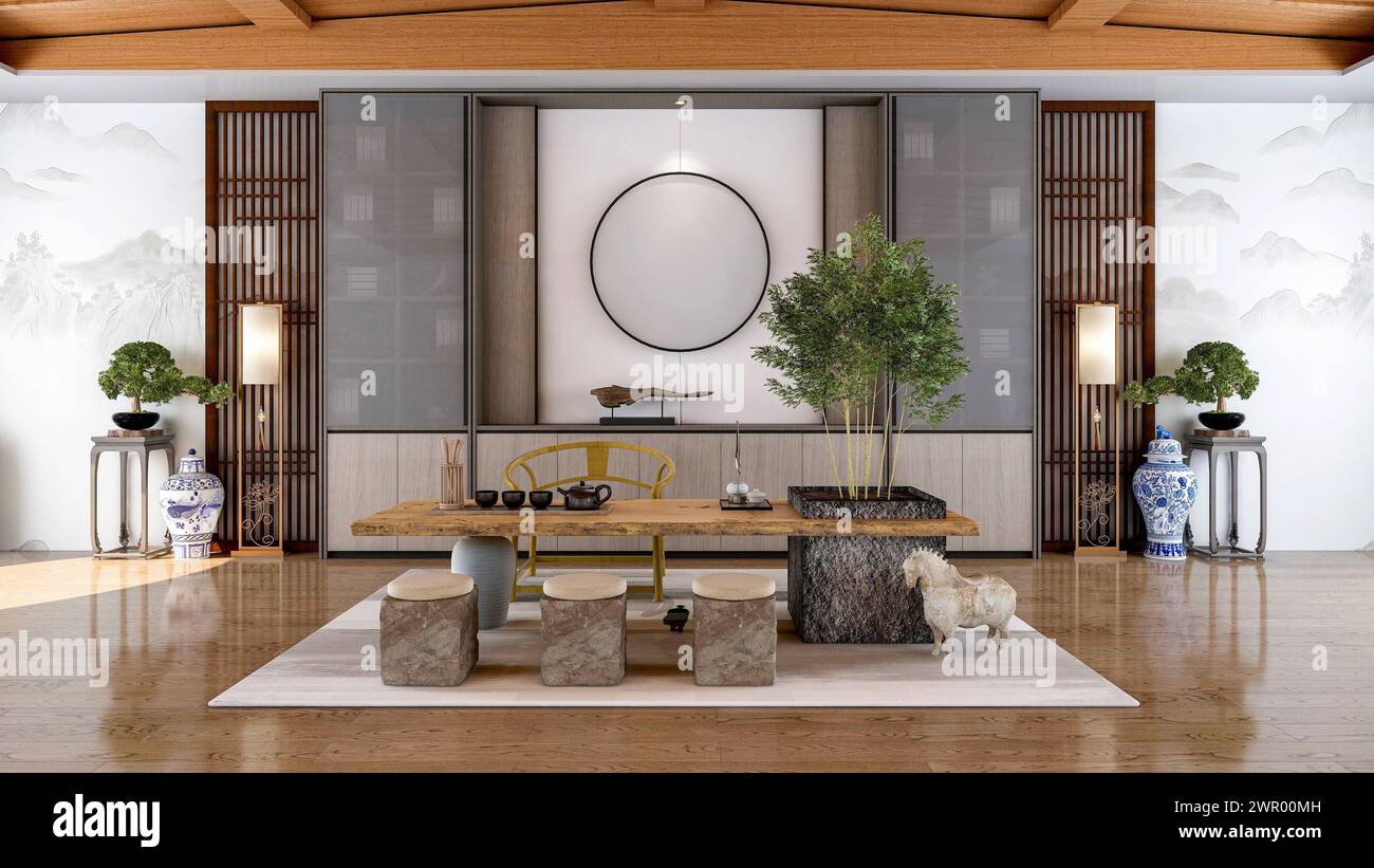 Interior of traditional Chinese style living room with furniture and ...