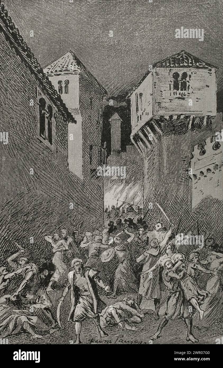 Iberian Peninsula. Al-Andalus. Sulayman al-Musta'in or Sulayman ibn al-Hakam (d. 1016). Fifth Umayyad caliph of the Caliphate of Córdoba (1009-1010) and (1013-1016). His rule coincided with a period of civil war between the Umayyad and Hammudid dynasties, which were also at war with each other. Riots in the city of Cordoba during Sulayman's reign. Engraving by Serra Pausas. 'Glorias Españolas' (Glories of Spain). Volume II. Published in Barcelona, 1890. Author: Joan Serra Pausas (active 1861-1902). Stock Photo