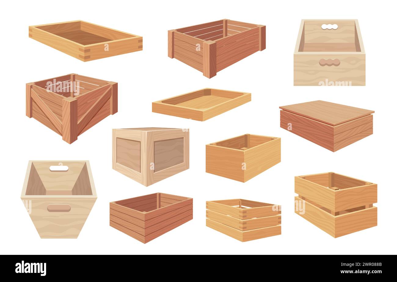 Cartoon wooden containers. Open and closed boxes with packages, wooden crates with cargo, warehouse storage packaging concept. Vector set Stock Vector