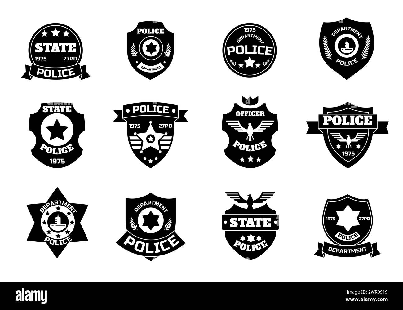 Police black symbol. Cop badge with shield and sheriff star, law enforcement officer patch insignia. Vector federal police department emblem Stock Vector