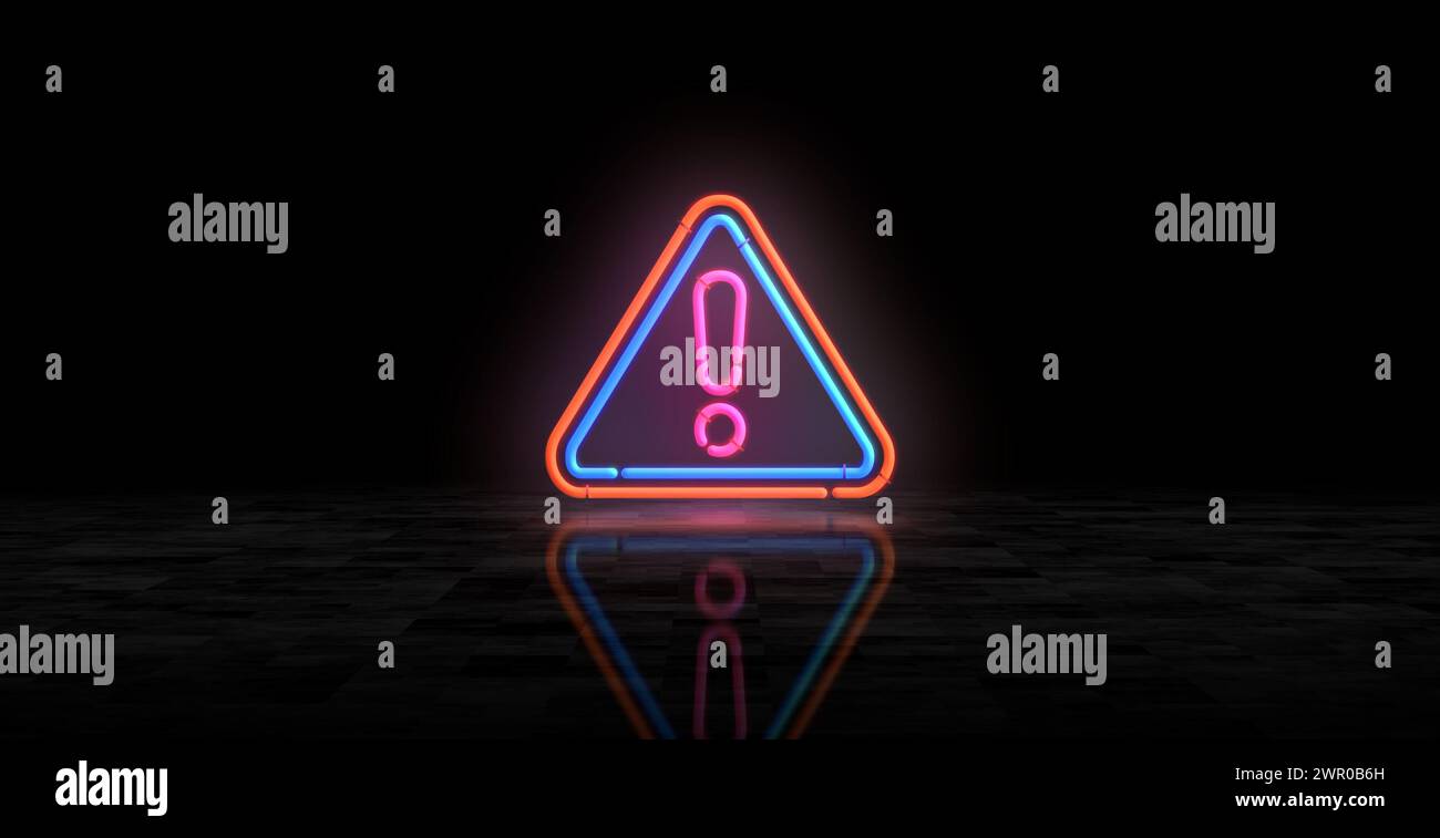 Alert neon symbol. Warning danger alarm icon light color bulbs ...