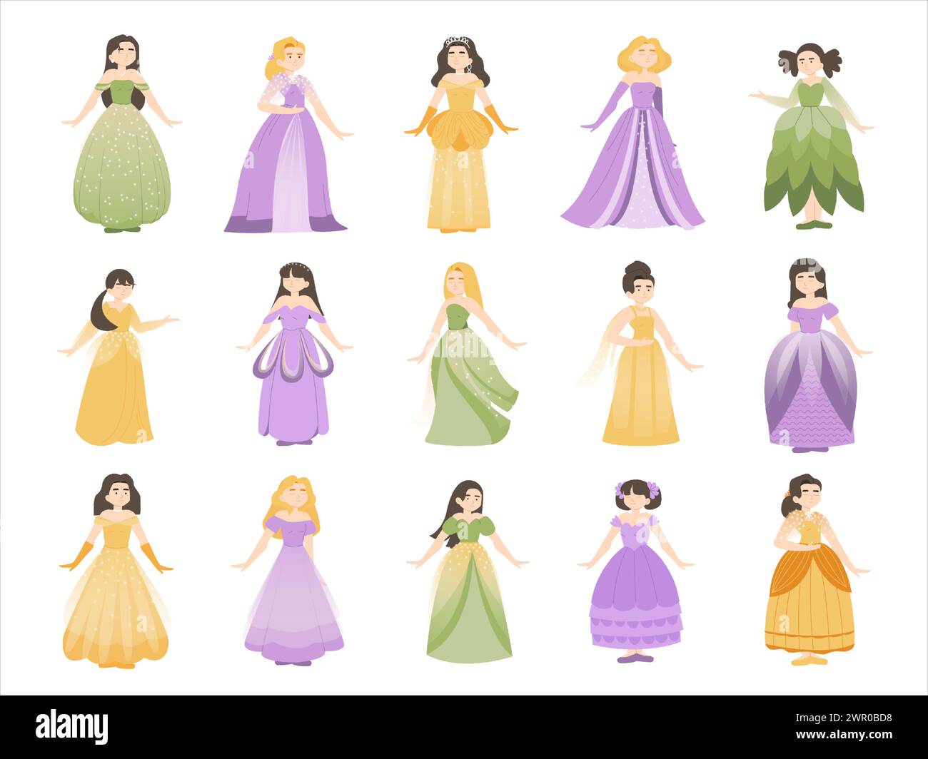 Cute princess character. Cartoon fairy tale medieval girls with different hair style and dress up costume, fantasy royalty. Vector isolated set Stock Vector