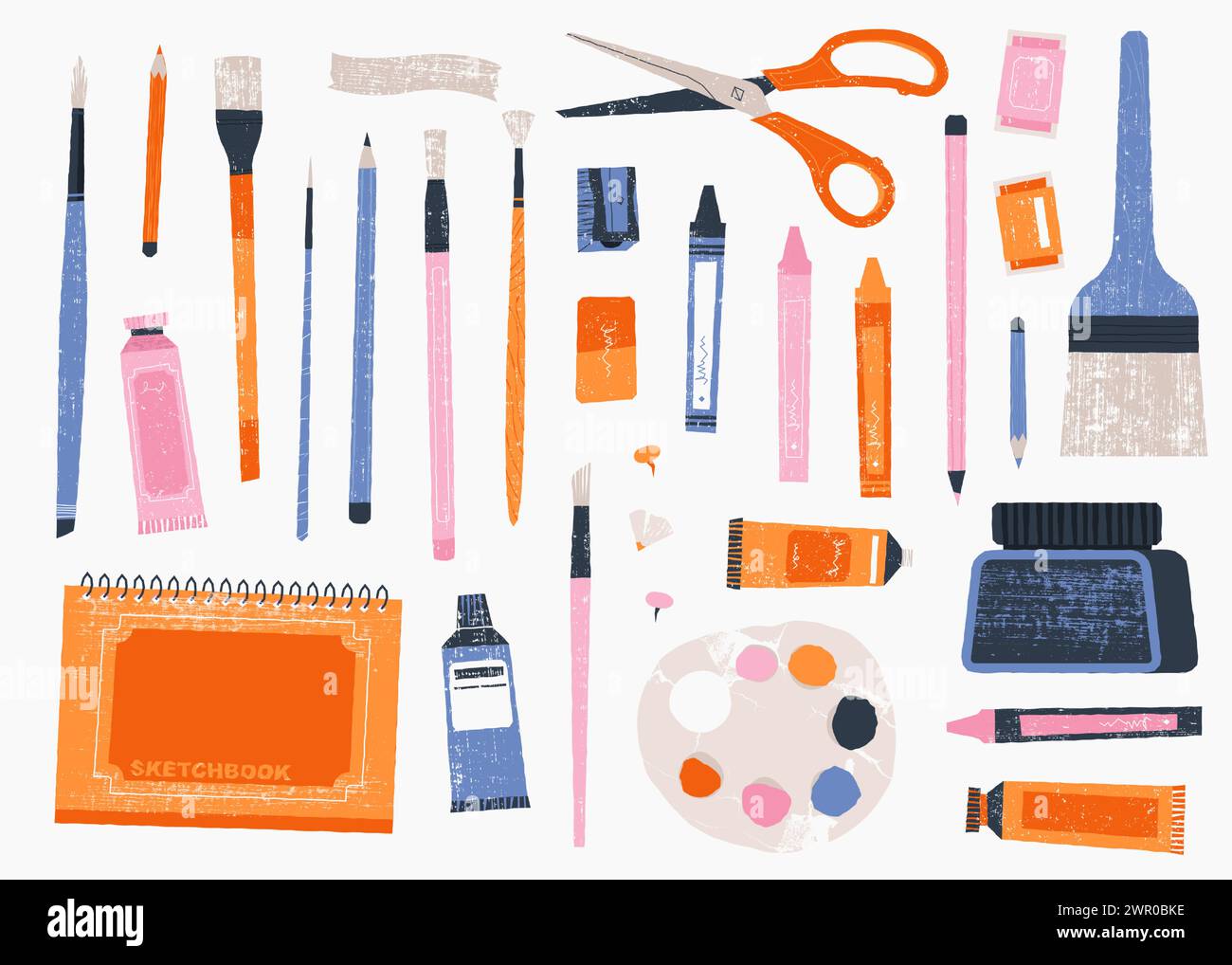 Painting tools and materials. Cartoon artist paintbrushes, pencils