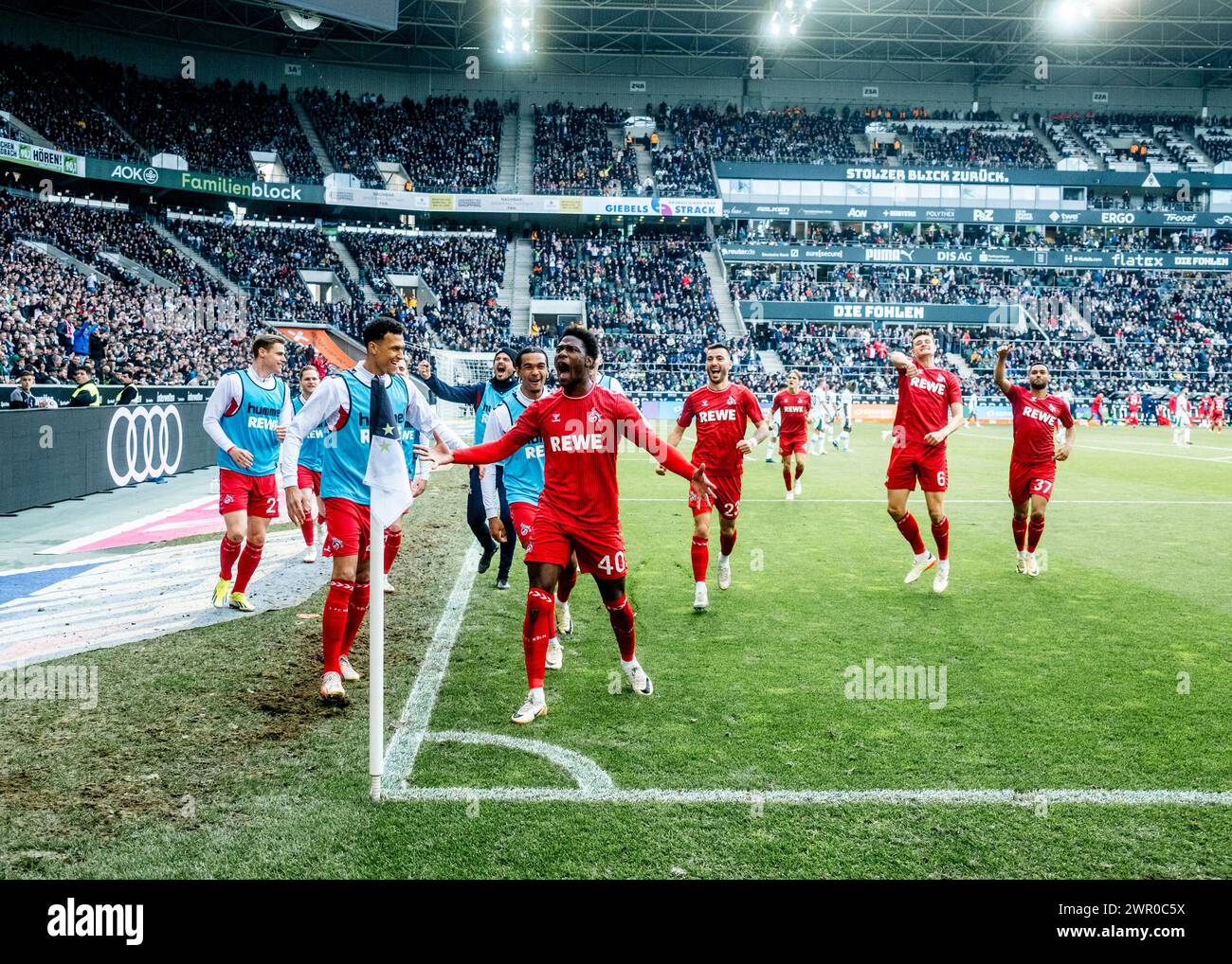 Mönchengladbach, Borussia Park, 09.03.2024: Faride Alidou (Köln) schiesst das 2:1 Tor und jubelt beim Spiel der 1.Bundesliga Borussia Moenchengladbach Stock Photo