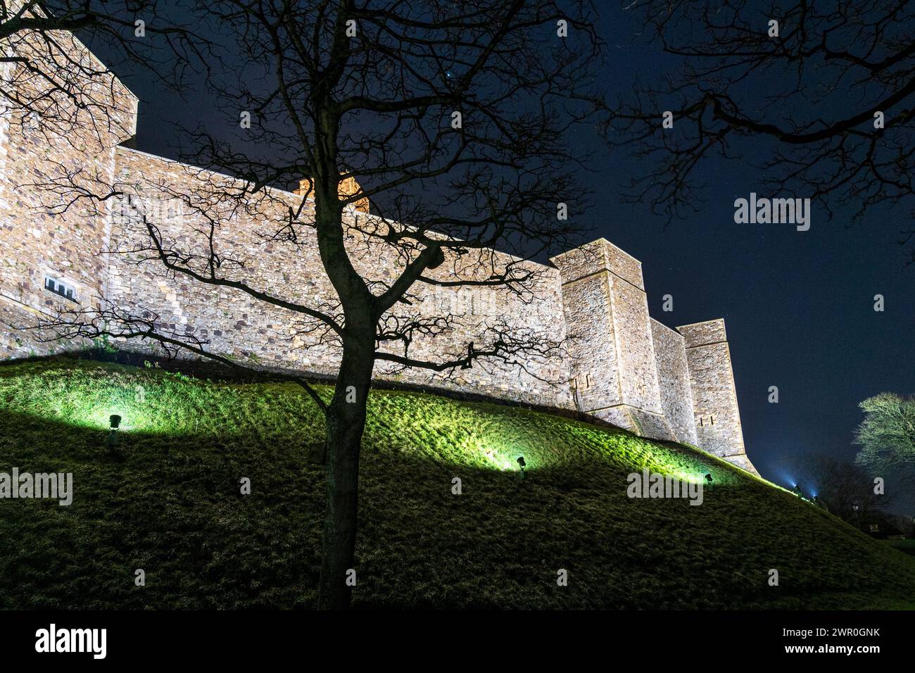 Dover castle at night. The embankment and curtain wall surrounding the main keep illuminated by spotlights. Silhouette of tree in foreground. Stock Photo