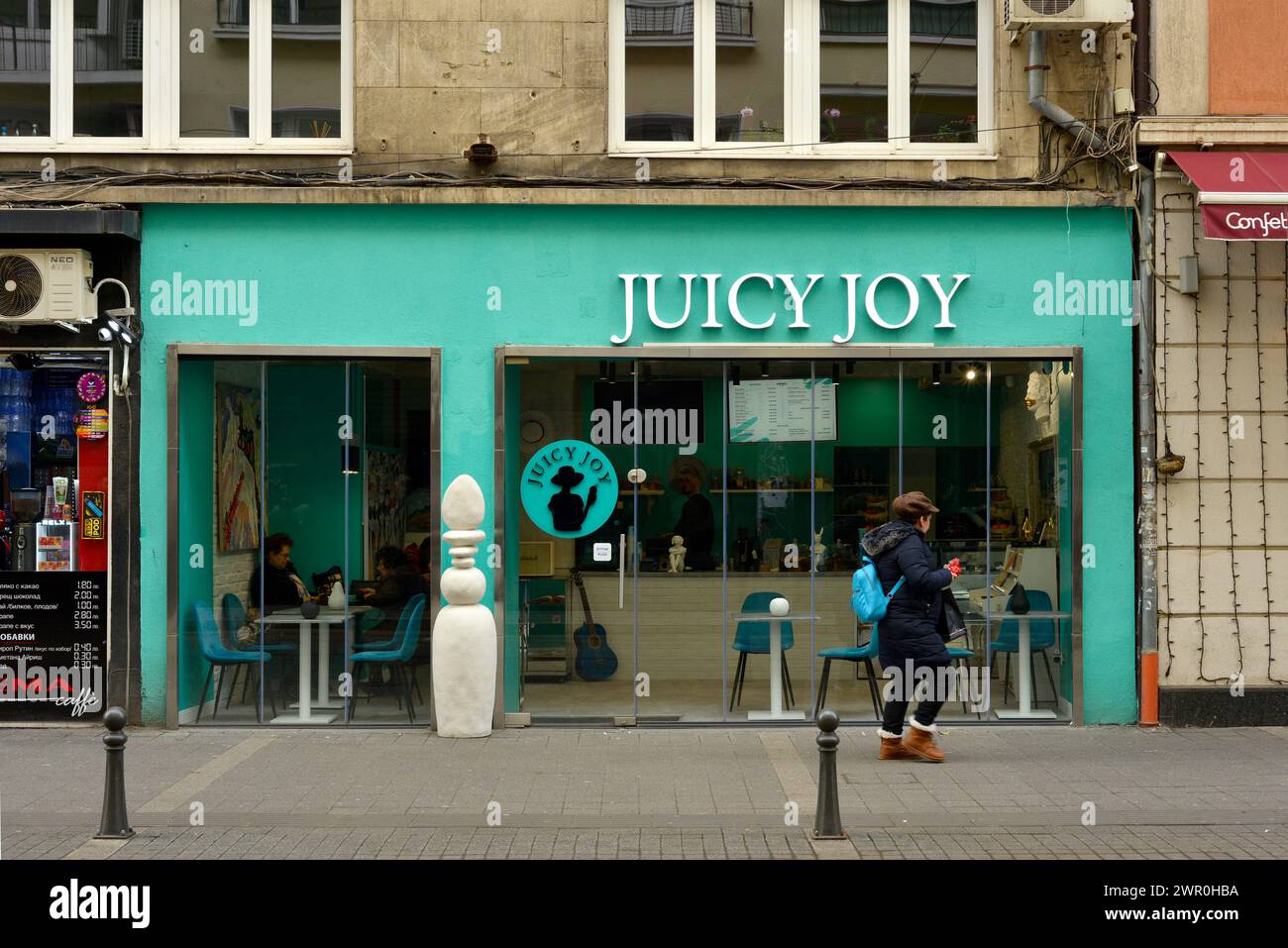 Juicy Joy cafeteria and take away street food venue in Sofia Bulgaria, Eastern Europe, Balkans, EU Stock Photo