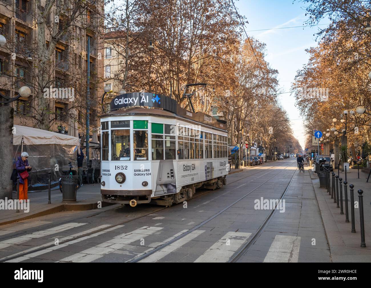 Carrozze tram number 1852, one of the 1928 vintage electric trams still in operation in Milan, Italy. Stock Photo