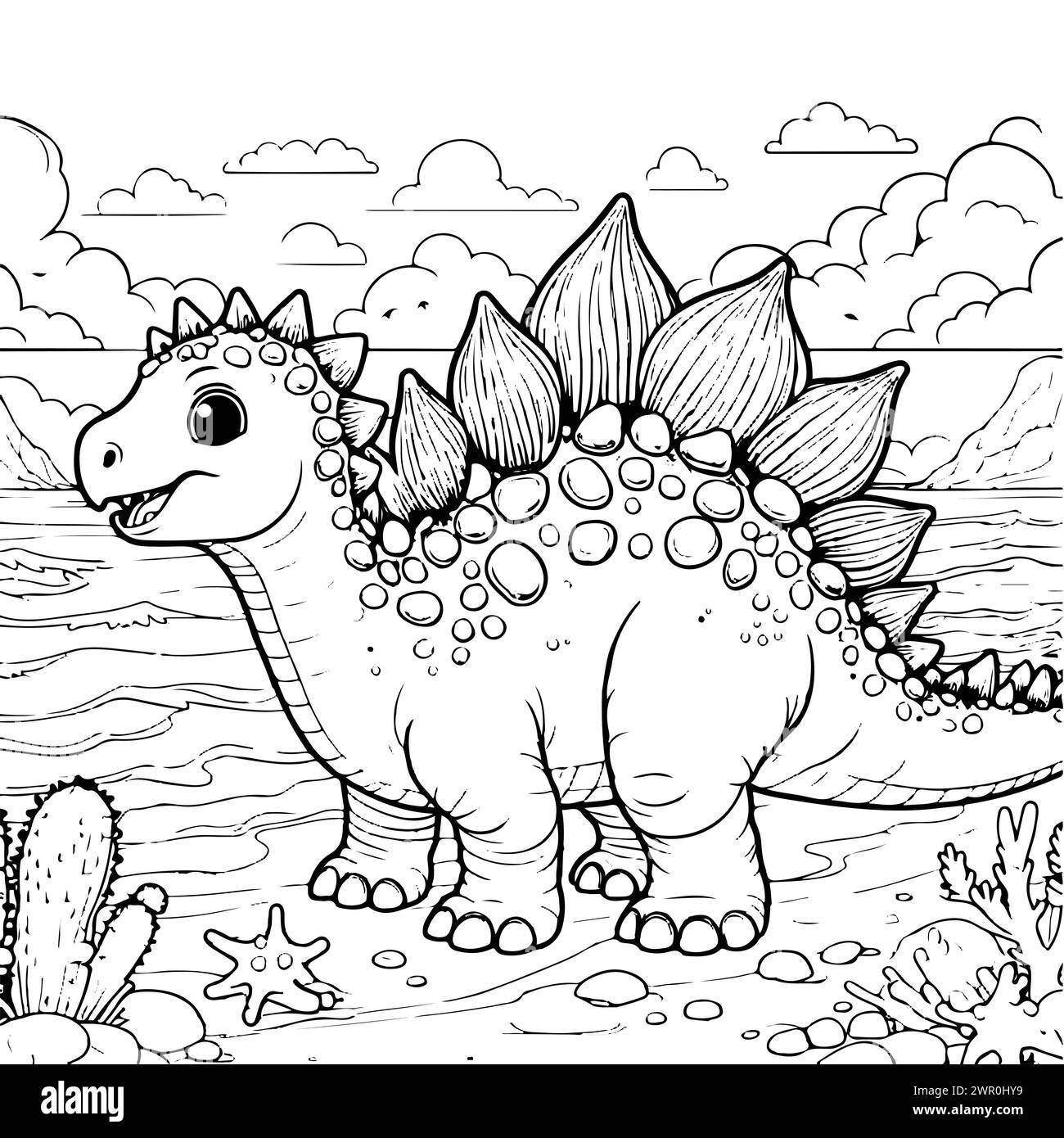 coloring draw dinosaur stegosaurus in the sea and jungle background and happy black and white version good for kids Stock Vector
