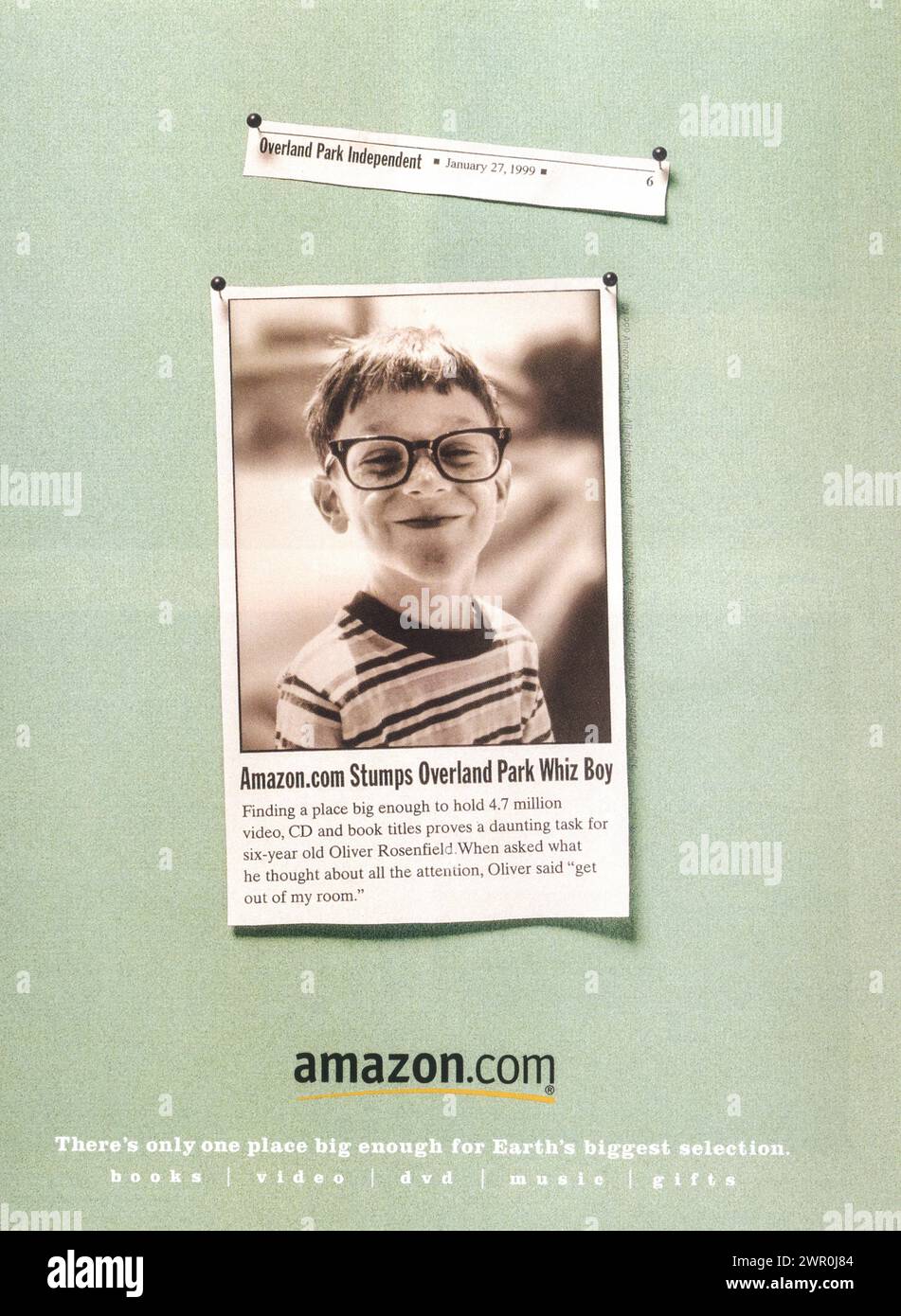 1999 Amazon print ad - earth's biggest selection... Overland park whiz boy Stock Photo