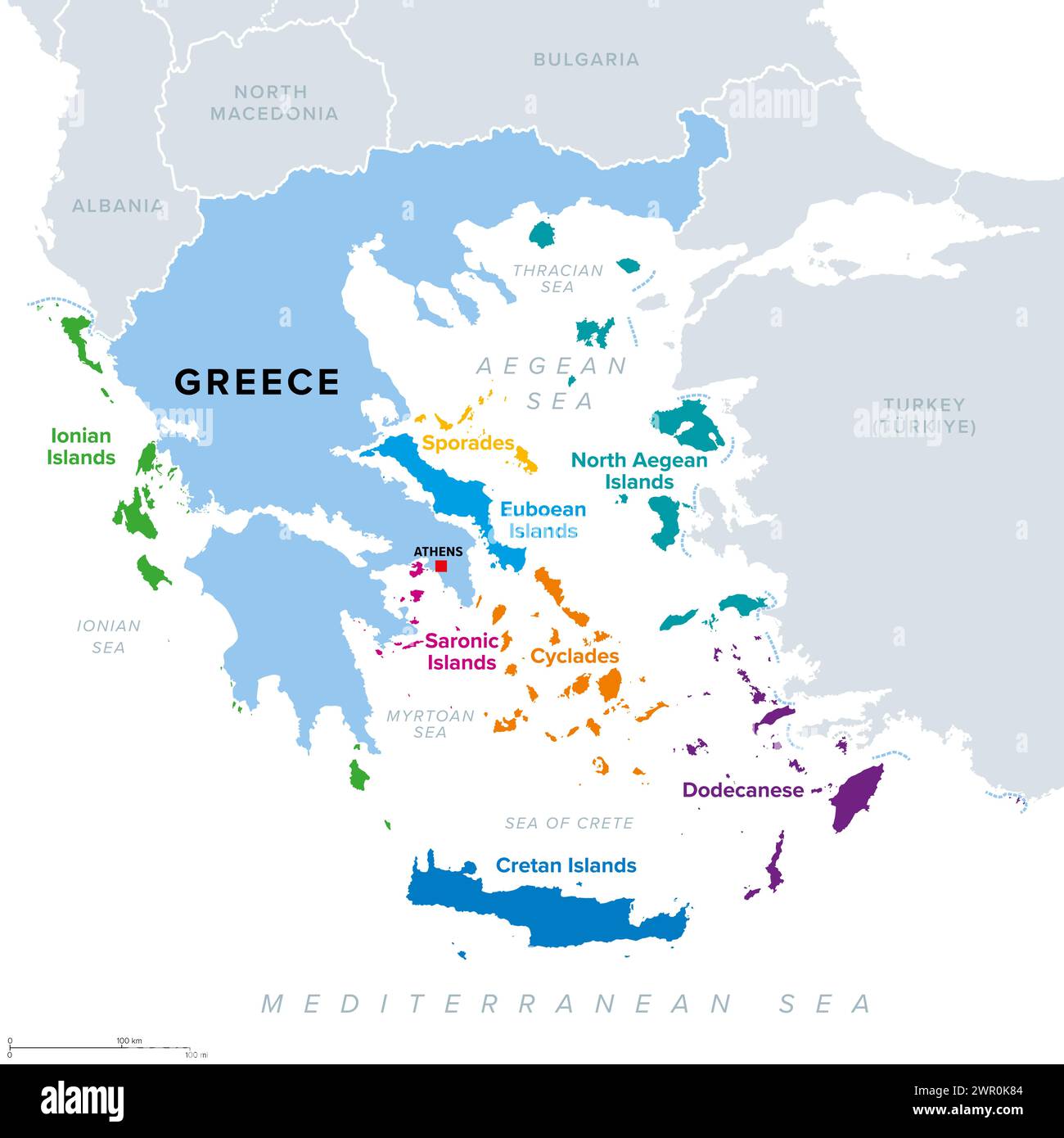Greek island groups, islands of Greece, political map. The greek islands are traditionally grouped into clusters, most of them lying in the Aegean Sea. Stock Photo