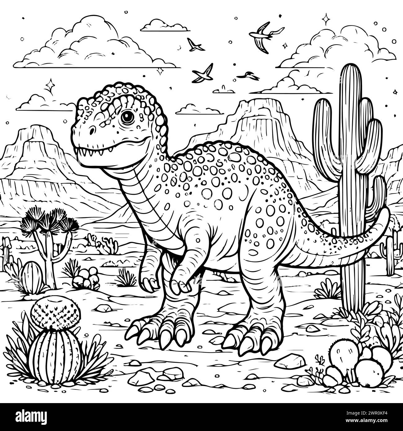 coloring draw dinosaur with a desert background and cactus.black and white version good for kids Stock Vector