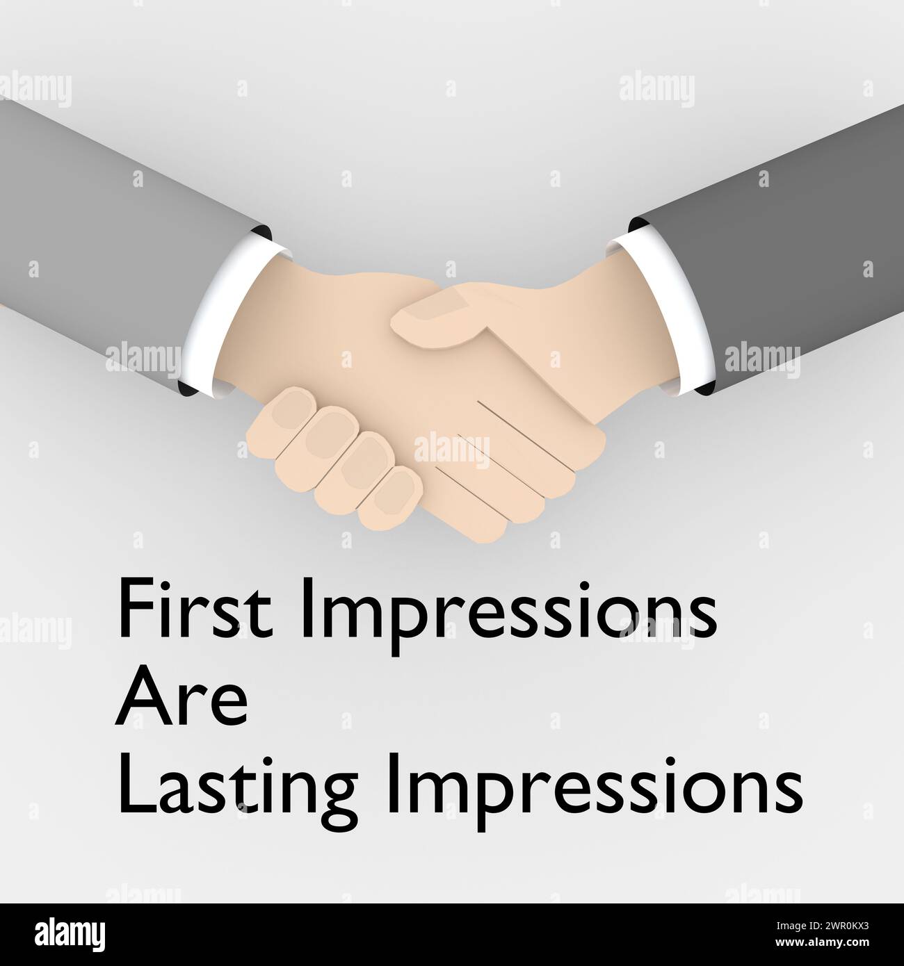 3D illustration of handshake titled as First Impressions Are Lasting Impressions, isolated pale gray. Stock Photo