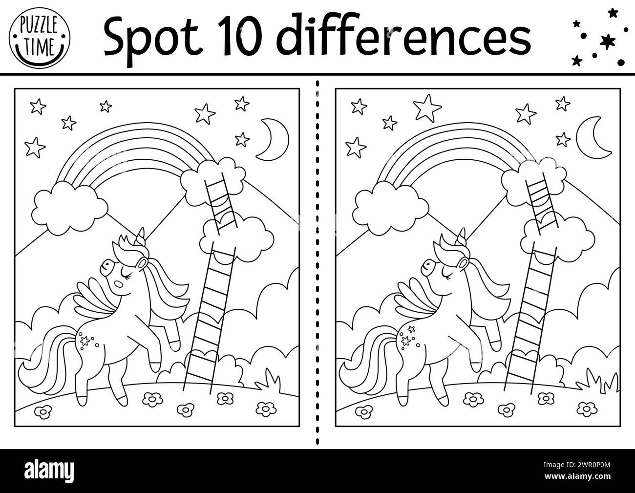 Unicorn black and white find differences game for children. Fairytale line activity with horse with horn, rainbow, magic night landscape background. C Stock Vector