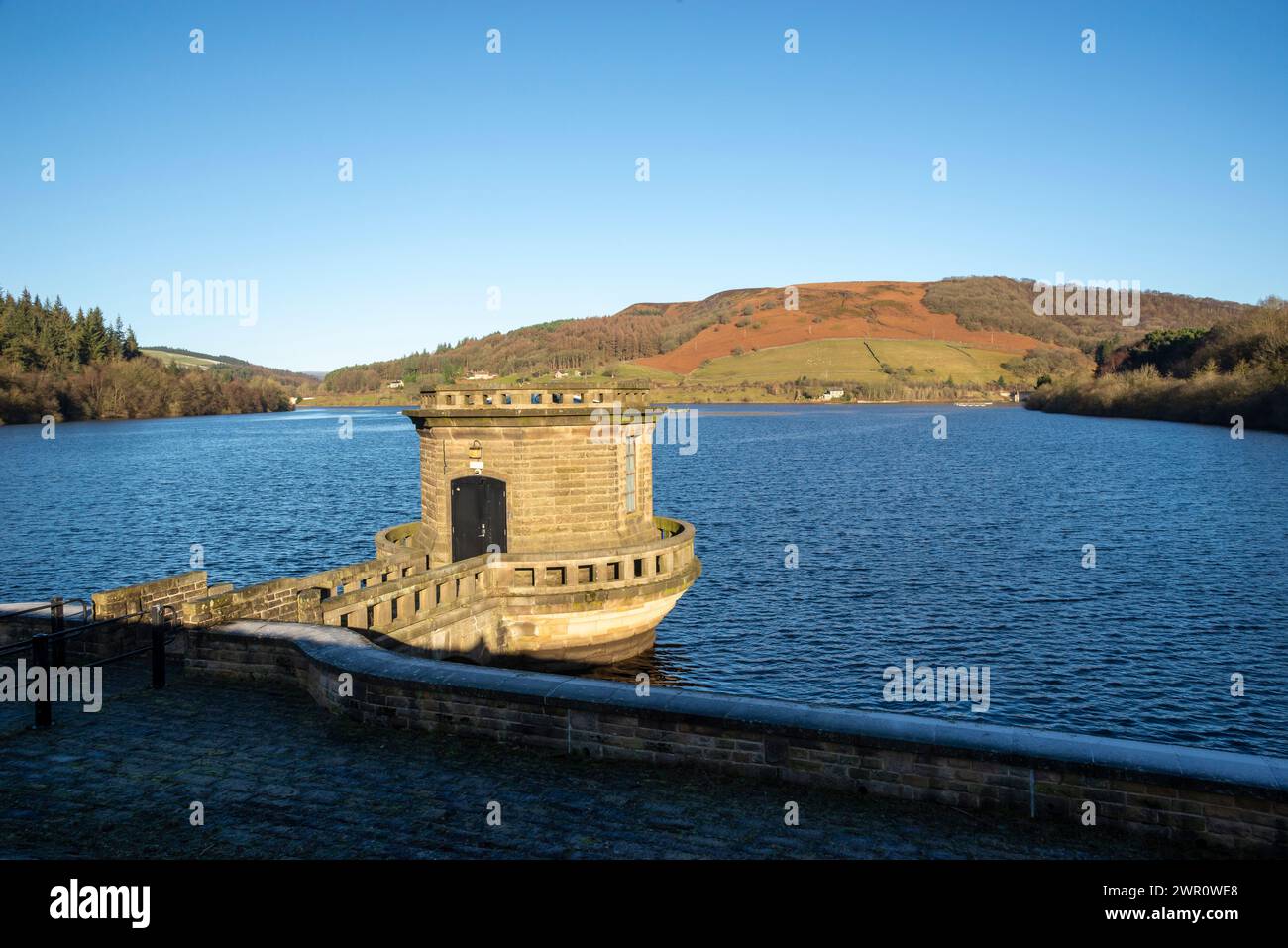 View from the dam at Ladybower reservoir in the Derwent Valley, Peak District national park, Derbshire, England, Stock Photo
