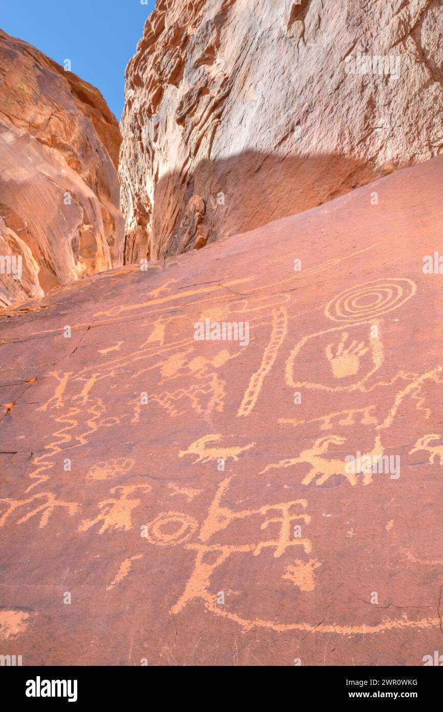 petroglyphs / sandstone rock carvings near a canyon in Valley of Fire Nevada USA Basketmaker