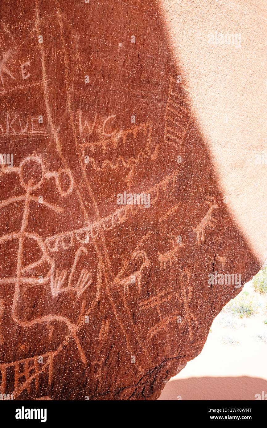 petroglyphs / sandstone rock carvings near a canyon in Valley of Fire Nevada USA Basketmaker