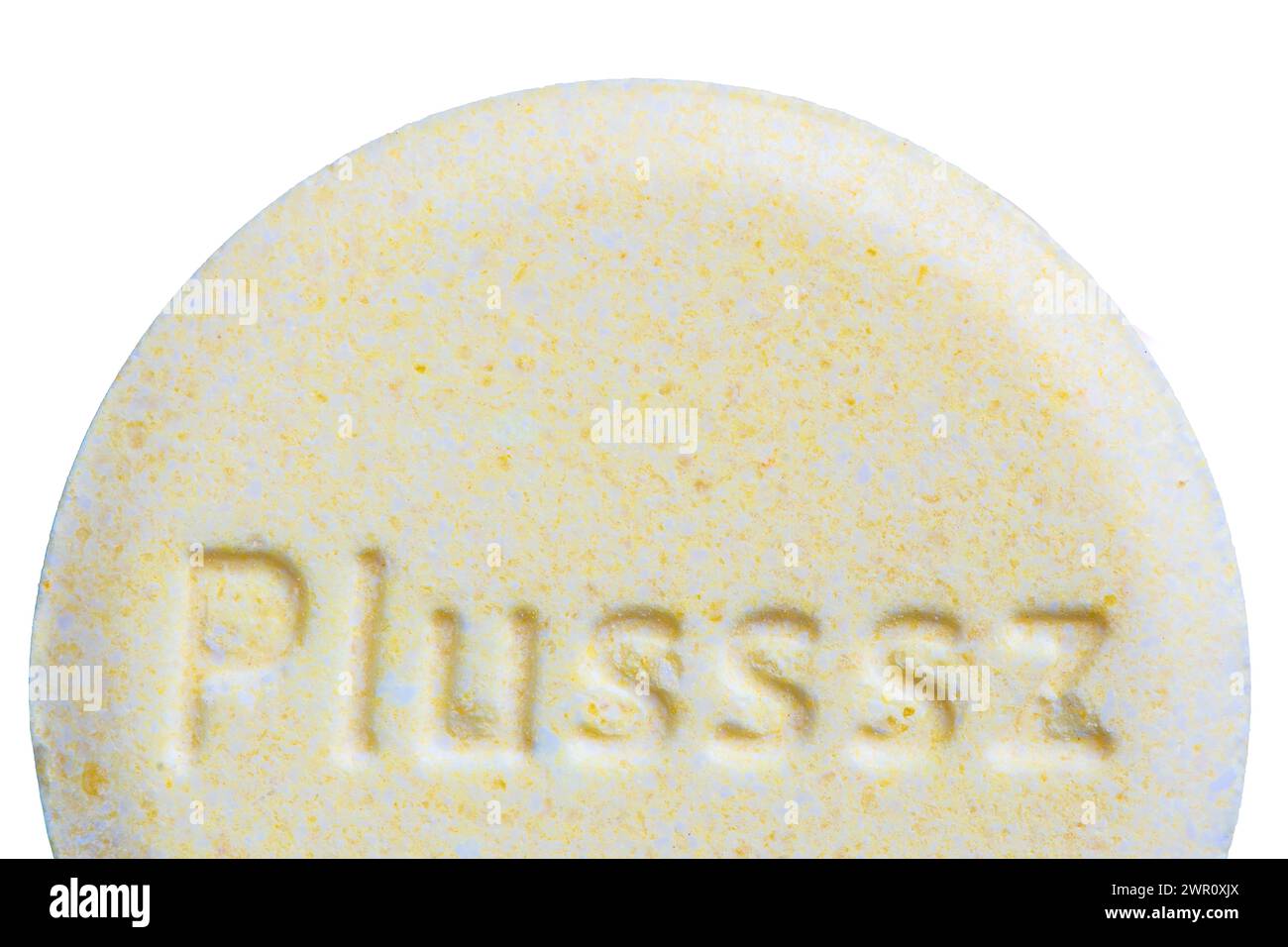 Poland - 5 november 2023: Close up on Plusssz multivitamin round effervescent tablet on white background Stock Photo