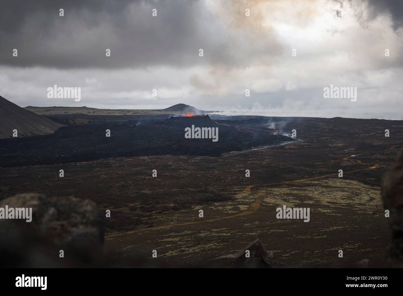 Spectacular panorama view of an active volcano eruption in Iceland, a ...