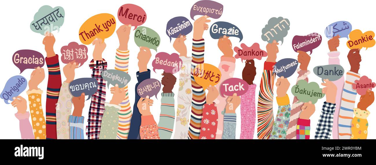 Many hands raised of diverse and multicultural children and teens holding speech bubbles with text Thank you in various international languages.Equal Stock Vector