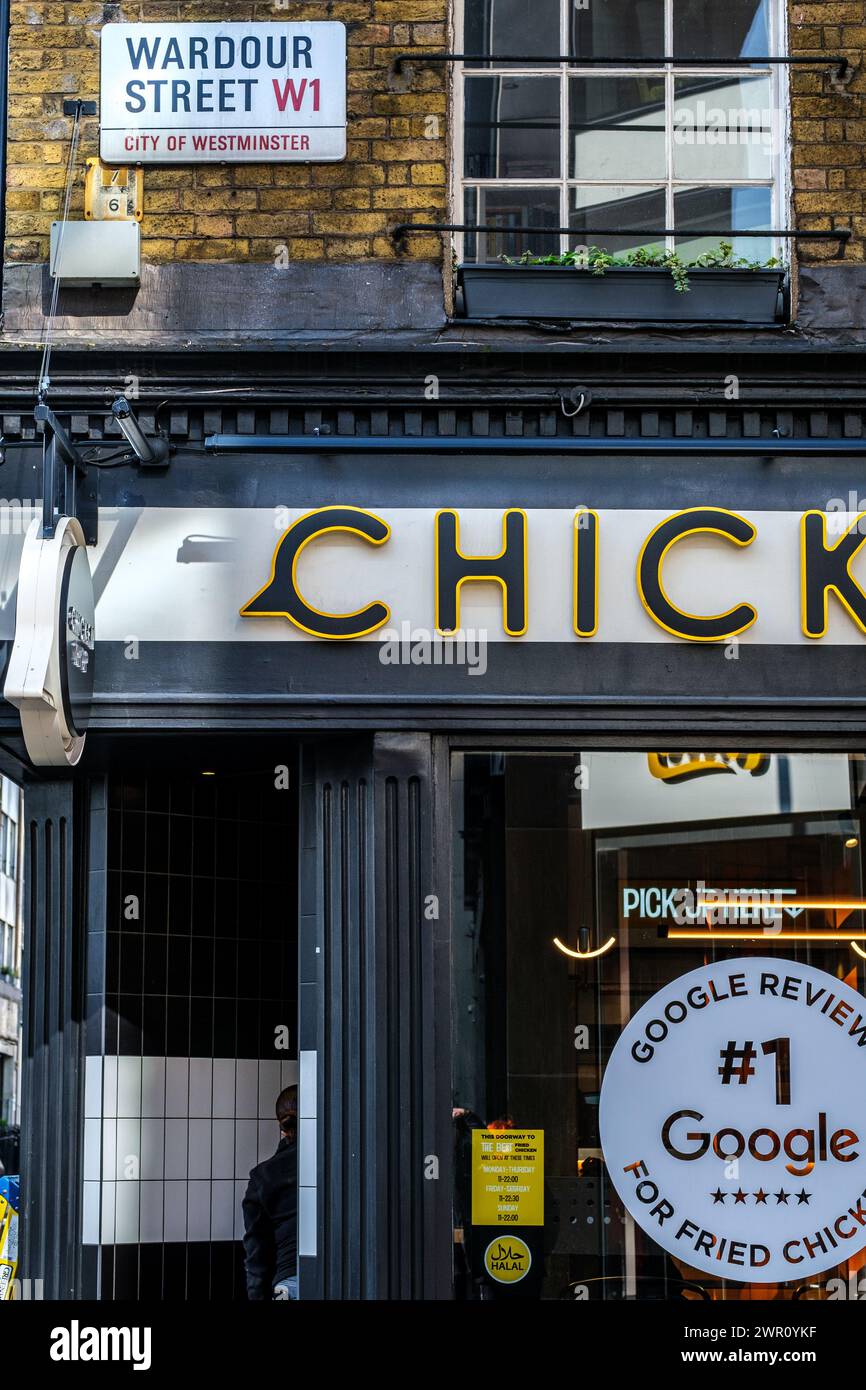 Soho, London UK, March 08 2024, Fast Food Fried Chicken Shop Wardour Street Close Up No People Stock Photo