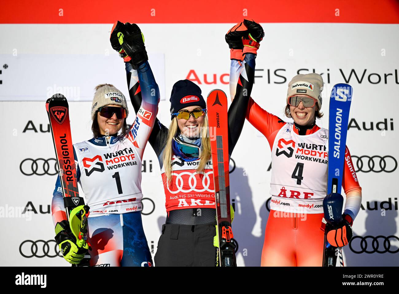 ÅRE, SVERIGE 20240310Second Croatia's Zrinka Ljutic, winner USA's Mikaela Shiffrin (center) and third Switzerland's Michelle Gisin after the second ru Stock Photo