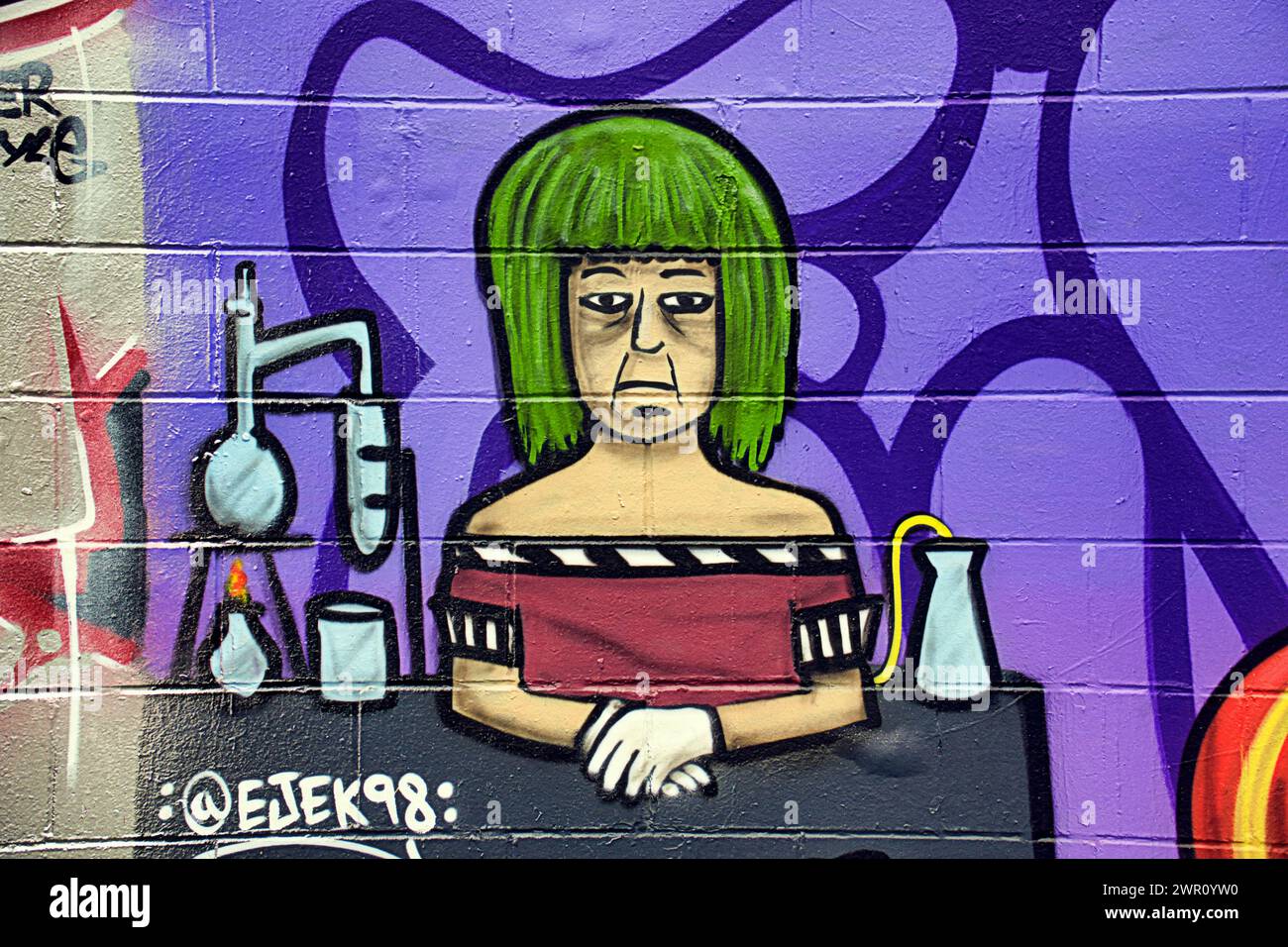 Glasgow, Scotland, UK. 10th March, 2024: Willy’s Chocolate Experience  Fans descended to the artwork on the banks  of the river clyde. Willy Wonka debacle mural appeared on the clyde side graffiti wall on the clyde walkway. The painting was created by artist Ejek after the  film experience event became national news. The artwork depicts the actresses who worked at the event as an Oompa Loompa and 'The Unknown'from the artificial intelligence script.  Credit Gerard Ferry/Alamy Live News Stock Photo