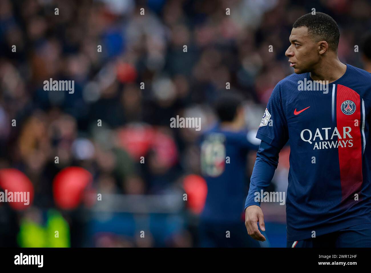 PSG's Kylian Mbappe reatcs during the French League One soccer match ...