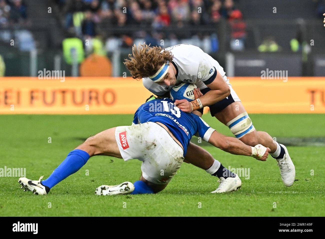 Juan Ignacio Brex of Italy and Jamie Ritchie of Scotland  during the Six Nations rugby match between Italy and Scotland at Stadio Olimpico in Rome on March 9th, 2024. Stock Photo