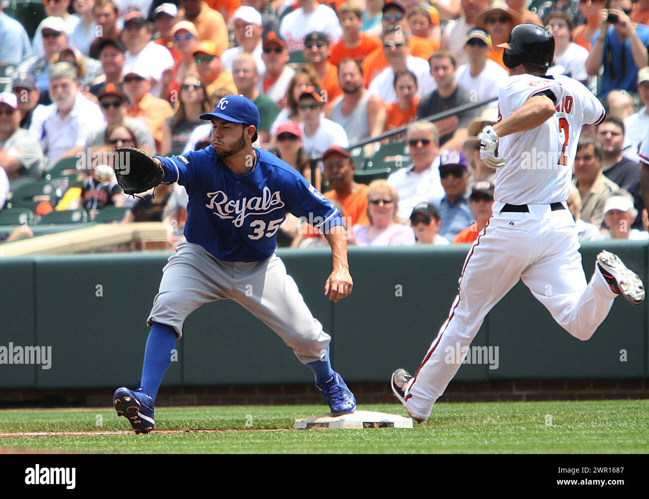MAY 26 2011: J.J. Hardy (2) of the Baltimore Orioles is caught out at first base by Eric Hosmer (35) of  the Kansas City Royals during an American League baseball game at Camden Yards in Baltimore, Maryland. Stock Photo