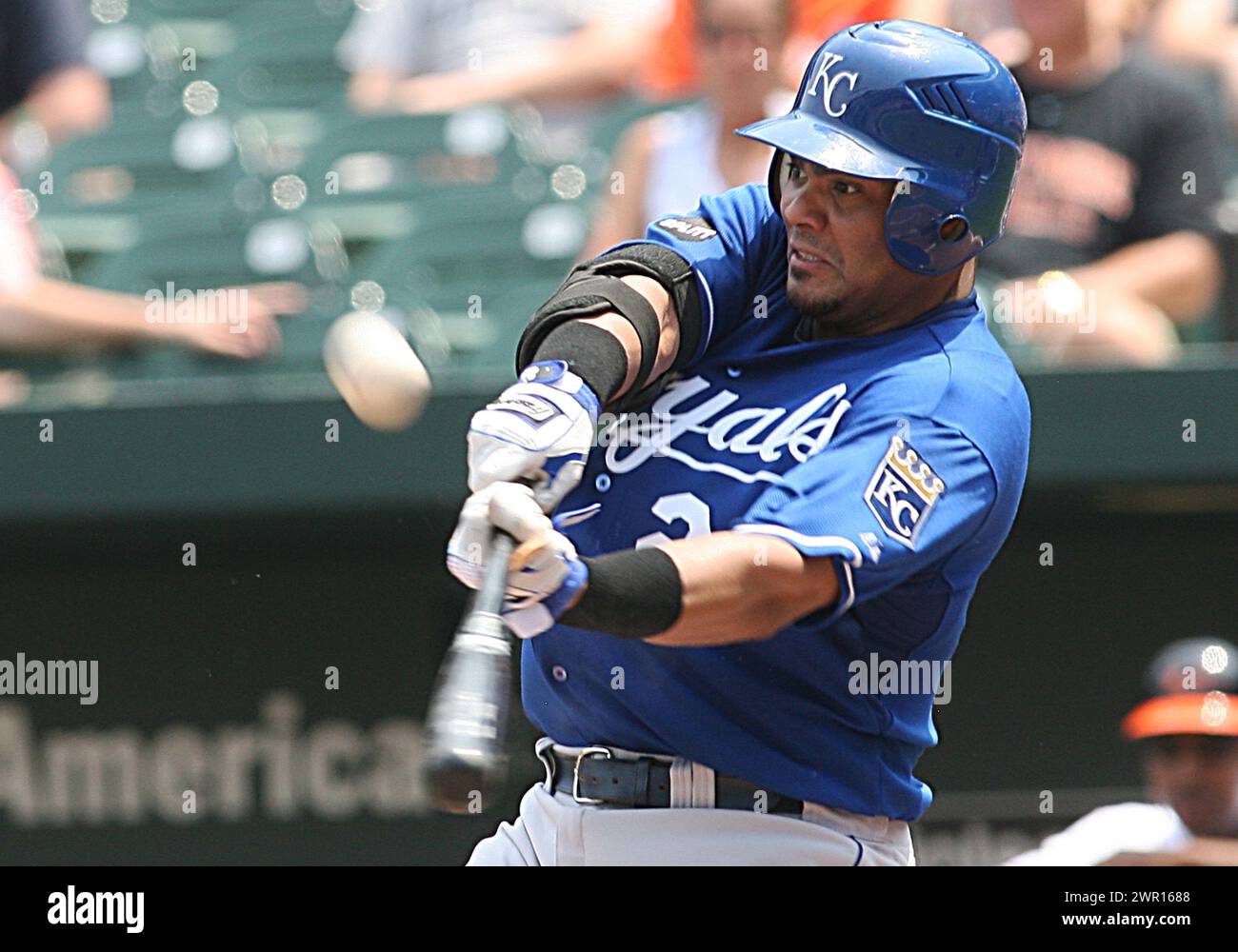 MAY 26 2011: Brayan Pena (27) of the Kansas City Royals makes contact during an American League baseball game against the Baltimore Orioles at Camden Yards in Baltimore, Maryland.Orioles won 6-5 after 12 innings. Stock Photo