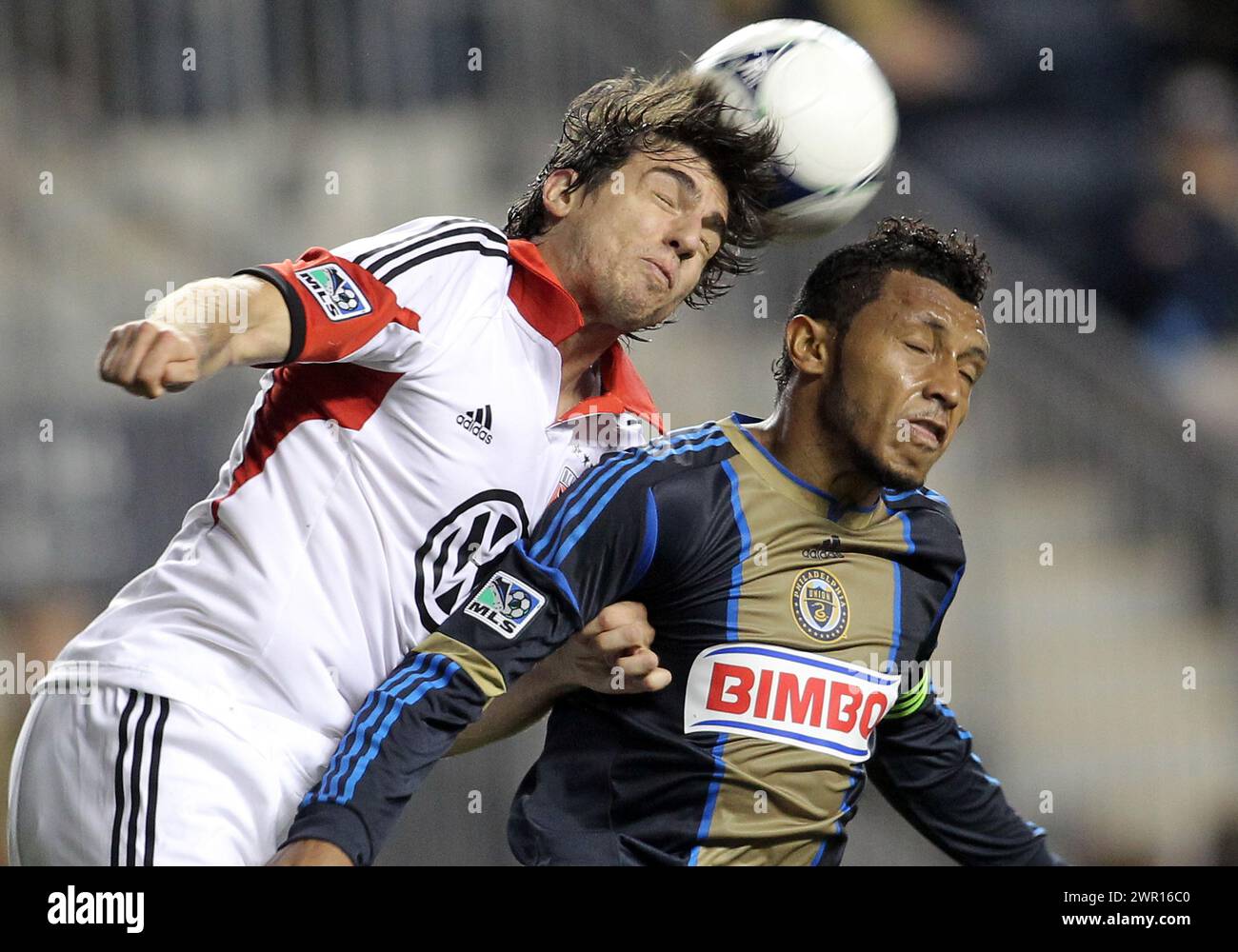 September 20 2012:  Carlos ValdŽs (2) of the Philadelphia Union is beaten to a header by Dejan Jakovic (5) of DC United during an MLS match at PPL Park, in Chester, PA. DC United won 1-0. Stock Photo
