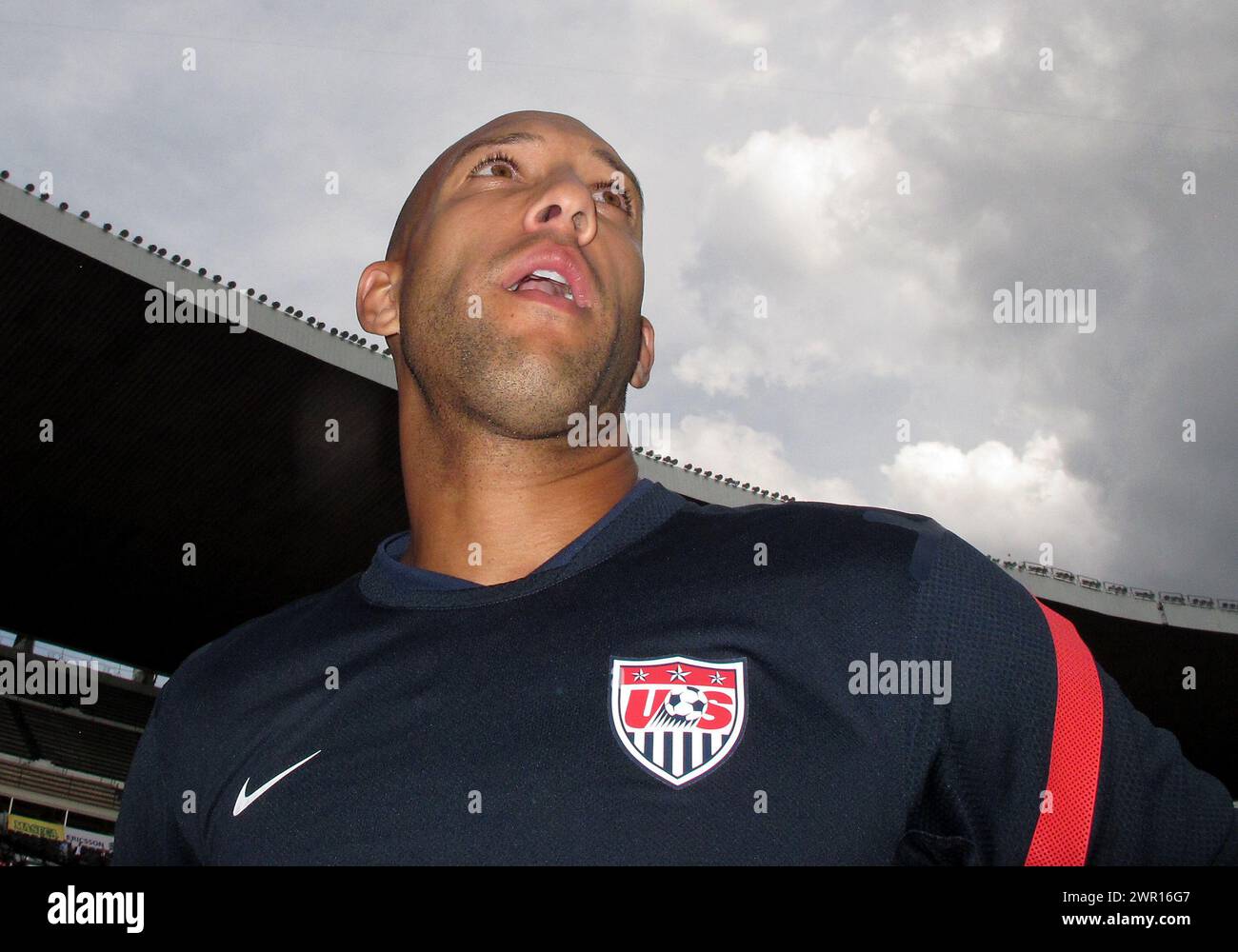 MEXICO CITY, MEXICO - AUGUST 15, 2012:  Tim Howard of the USA MNT talks to the press before an international friendly match against Mexico at Azteca Stadium, in Mexico City, Mexico on August 15. Stock Photo