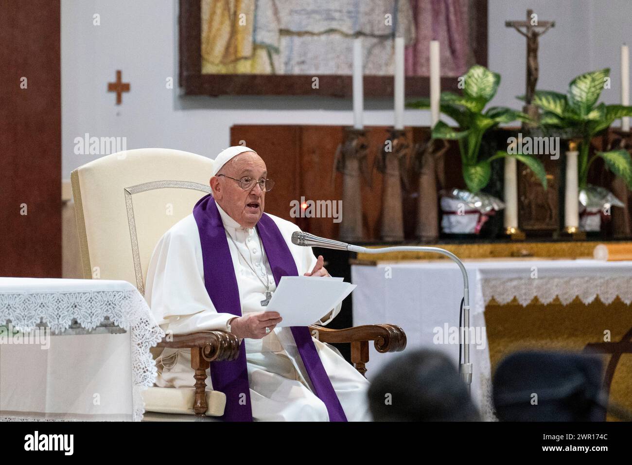 Pope Francis delivers his speech during the Penitential Service in the Roman parish of St Pius V