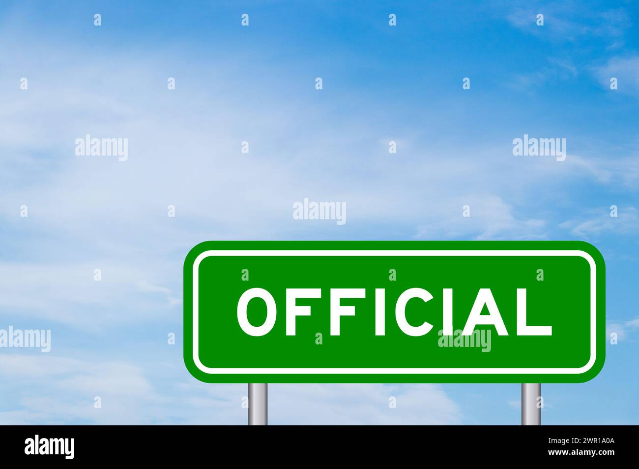 Green color transportation sign with word official on blue sky with ...