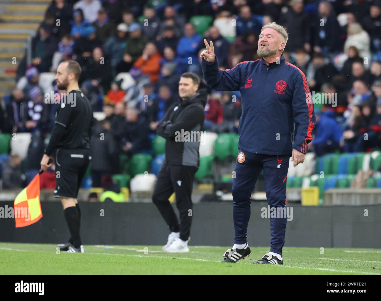 National Football Stadium at Windsor Park, Belfast, Northern Ireland, UK. 10th Mar 2024. BetMcLean League Cup Final – Linfield v Portadown. (Linfield in blue). Action from today's final. Portadown boss Niall Currie. Credit: CAZIMB/Alamy Live News. Stock Photo