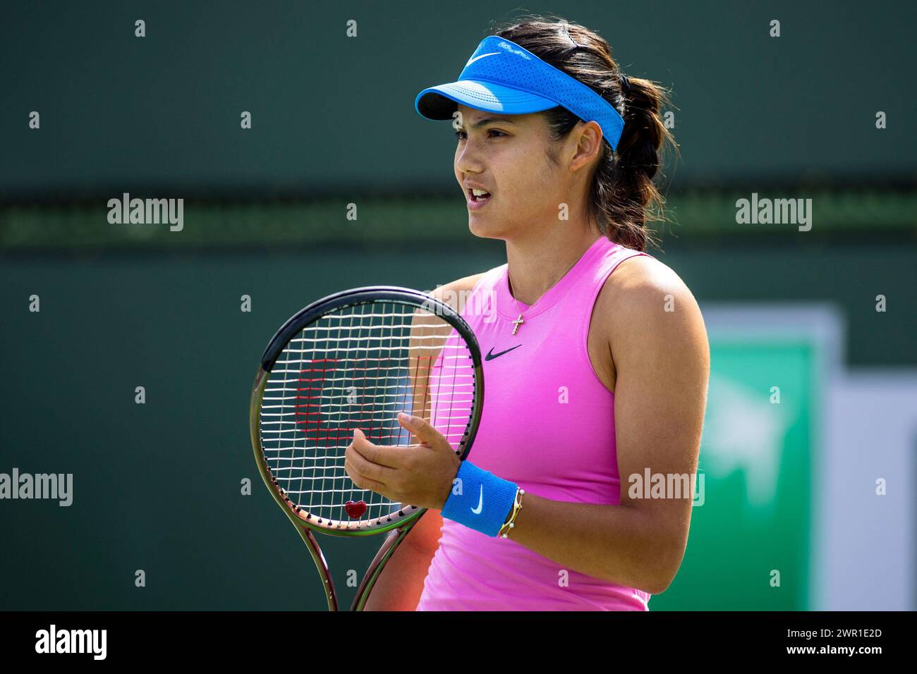 March 9, 2024: Emma Raducanu (GBR) was leading 4-0 when Dayana Yastremska (UKR) withdrew due to a stomach injury in the second round of the BNP Paribas Open at the Indian Wells Tennis Garden in Indian Wells, California. Â©Mal Taam/TennisClix/CSM (Credit Image: © Mal Taam/Cal Sport Media) Stock Photo