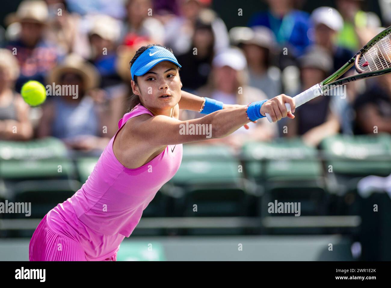 March 9, 2024: Emma Raducanu (GBR) was leading 4-0 when Dayana Yastremska (UKR) withdrew due to a stomach injury in the second round of the BNP Paribas Open at the Indian Wells Tennis Garden in Indian Wells, California. Â©Mal Taam/TennisClix/CSM (Credit Image: © Mal Taam/Cal Sport Media) Stock Photo
