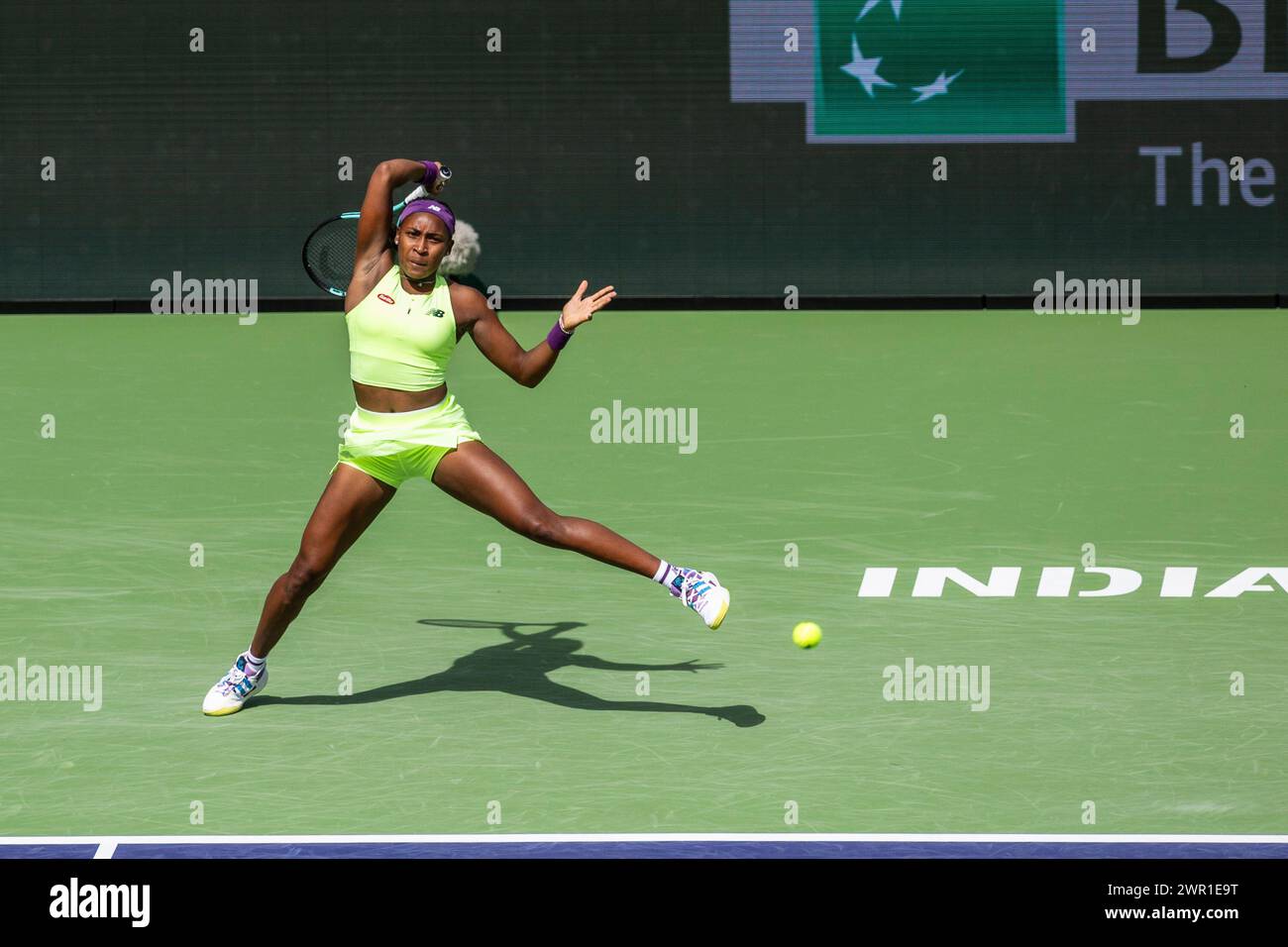 March 9, 2024: Coco Gauff (USA) defeated Clara Burel (FRA) 2-6, 6-3, 7-6(4) in the second round of the BNP Paribas Open at the Indian Wells Tennis Garden in Indian Wells, California. Â©Mal Taam/TennisClix/CSM (Credit Image: © Mal Taam/Cal Sport Media) Stock Photo