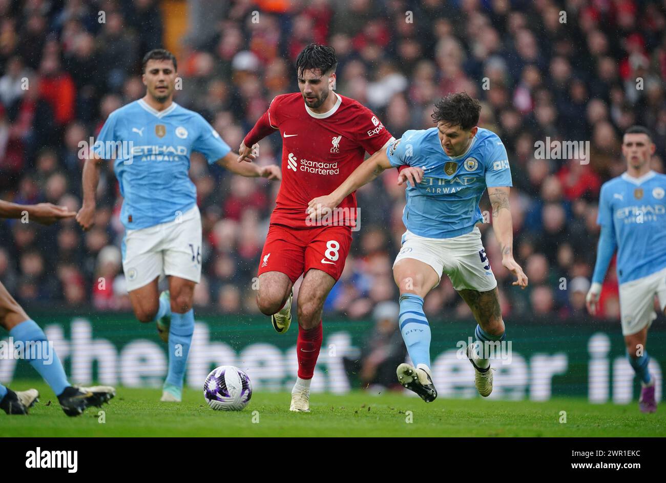 Liverpool's Dominik Szoboszlai (left) and Manchester City's John Stones