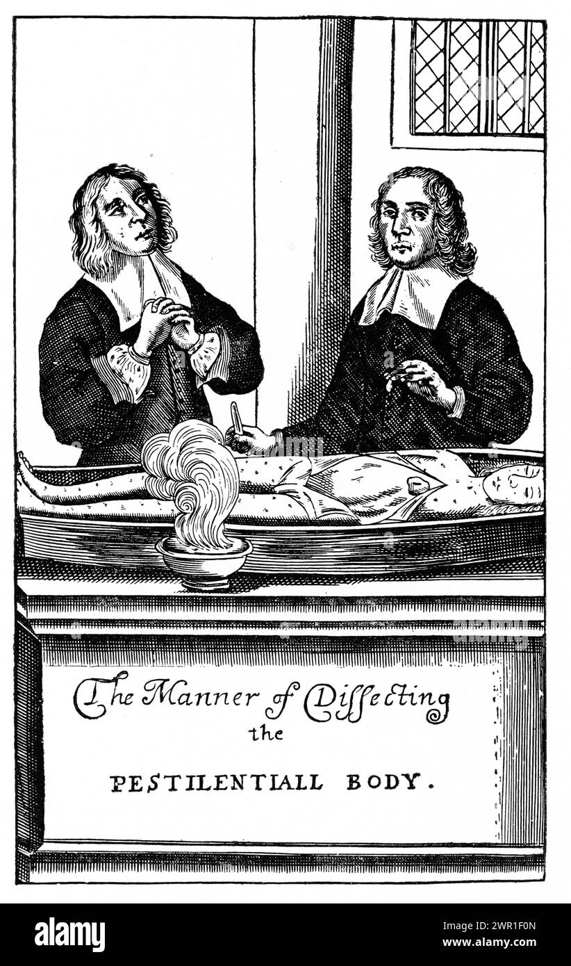 The frontispiece of 'Loimotomia, or, The Pest Anatomised', 1666. By George Thomson (1619-1677). Physician George Thomson remained in London during the Great Plague of 1665. Later recording his observations in 'Loimotomia, or, The Pest Anatomised'. The illustration on its frontispiece shows George Thomson dissecting the body of a plague victim. Stock Photo
