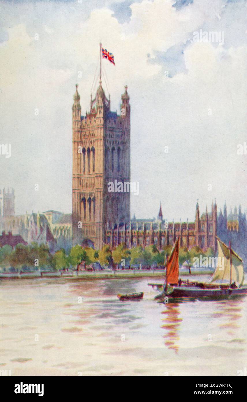 The Victoria Tower of the Palace of Westminster, viewed across the River Thames, c1928. It was designed by Charles Barry (1795-1860), in the Perpendicular Gothic style and was completed in 1860. Stock Photo