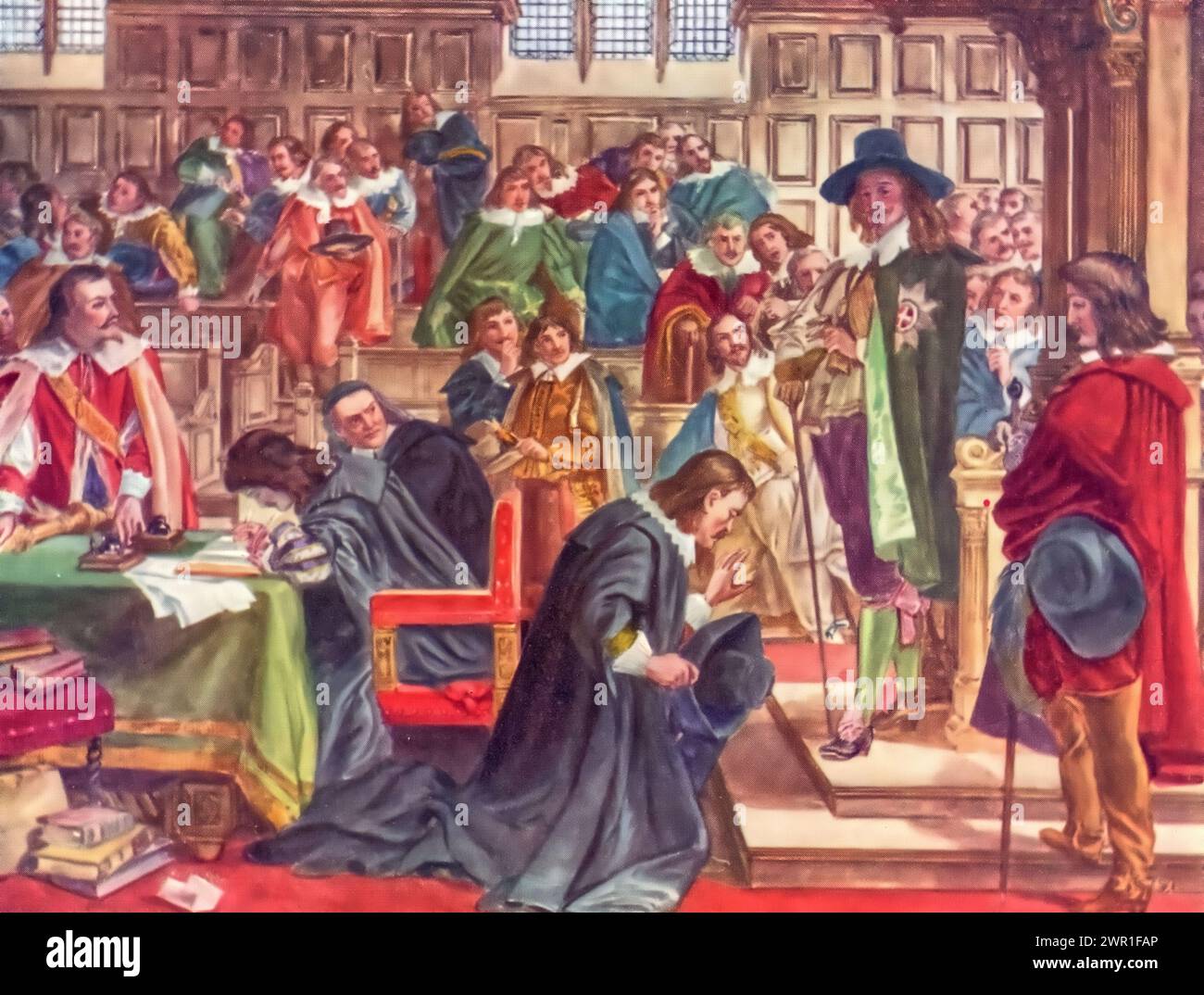 Lenthall kneels to Charles during the attempted arrest of the Five Members, 4th January, 1642. By Charles West Cope (1811-1890). The Five Members were Members of Parliament whom King Charles I attempted to arrest on 4th January, 1642. King Charles I entered the English House of Commons, accompanied by armed soldiers, during a sitting of the Long Parliament. Stock Photo