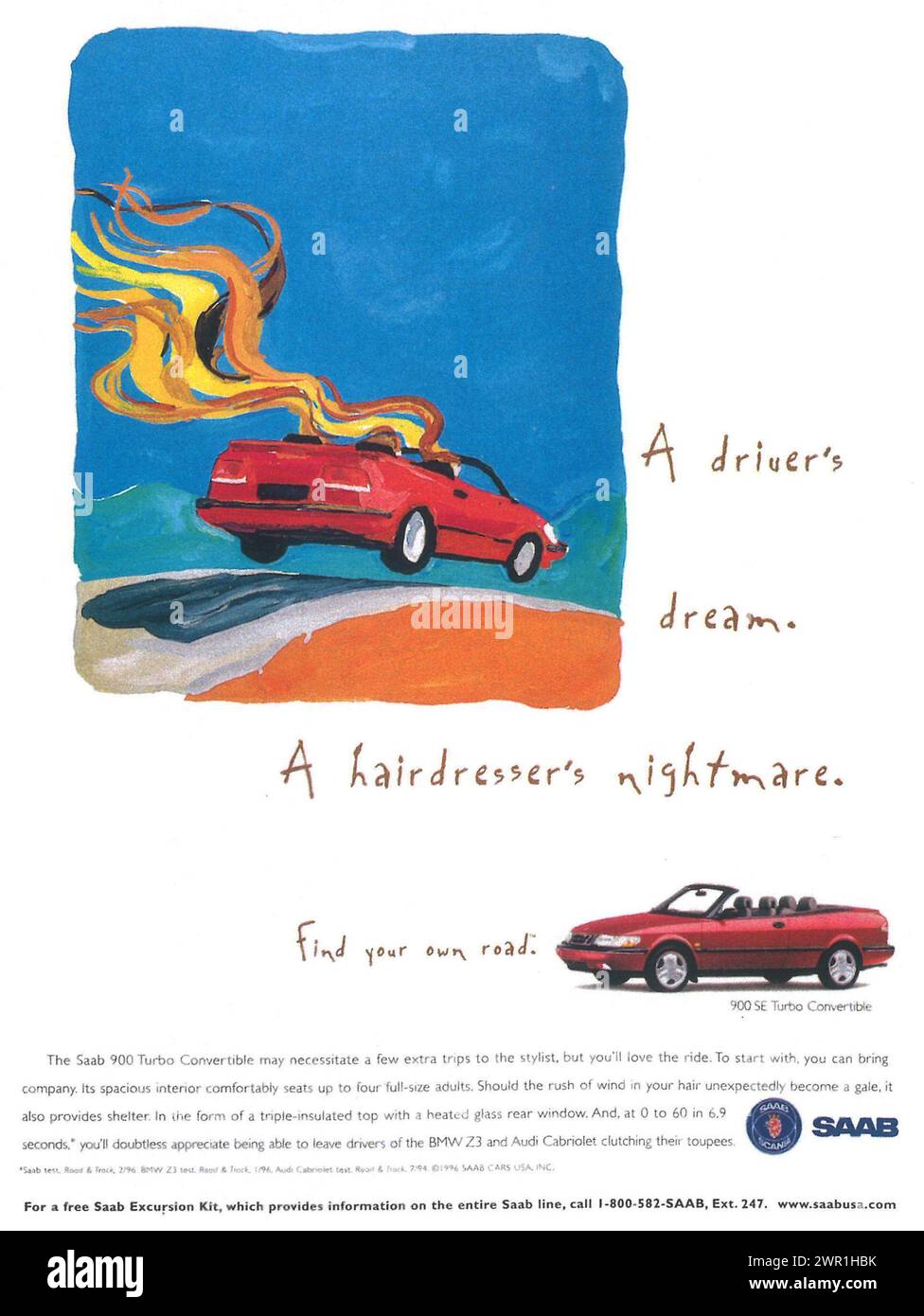 1996 Saab 900 SE Turbo Convertible Print Ad. 'A driver's dream. A hairdresser's nightmare.' Stock Photo