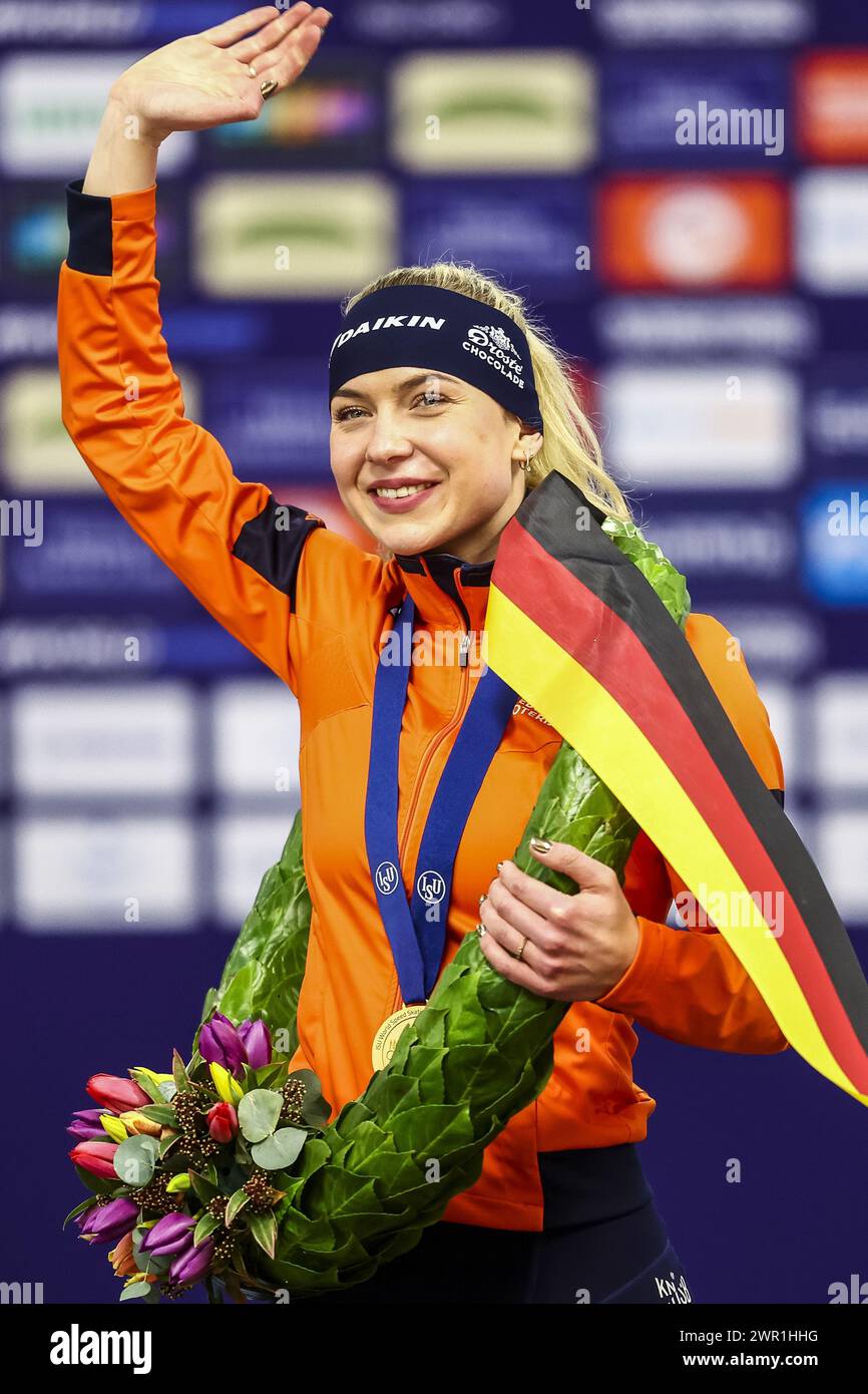 INZELL - World champion Joy Beune (NED) during the ceremony of the world all-round speed skating championship in the Max Aicher Arena in Inzell, Germany. ANP VINCENT JANNINK Stock Photo