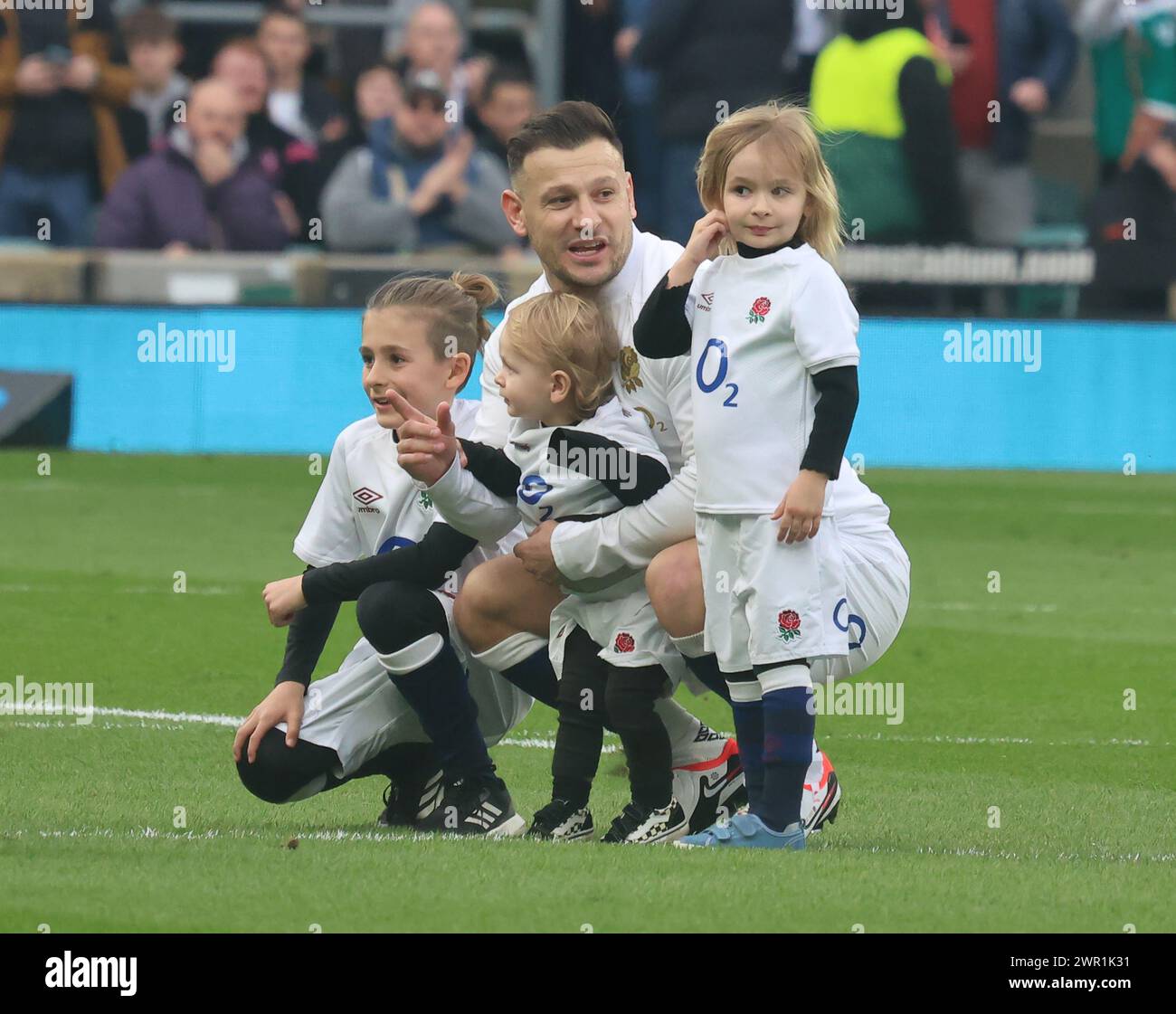 England's Danny Care (Harlequins)making his100th Cap with his kids before kick off during Guinness 6 Nations Rugby Round 4 match between England again Stock Photo