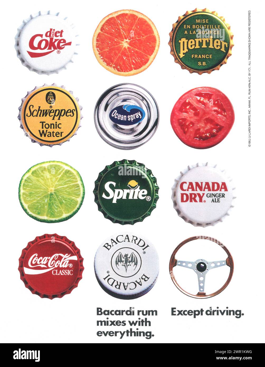 1990 Bacardi Rum Print Ad. 'Bacardi Rum mixes with everything. Except driving.' Stock Photo
