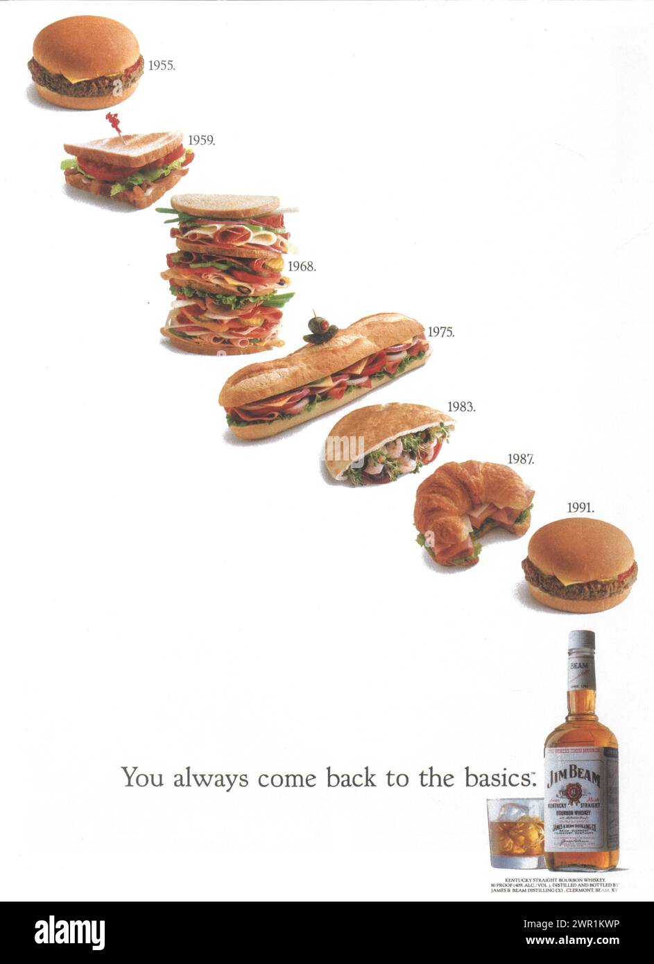 1992 Jim Beam bourbon whiskey print ad. Sandwiches the years 1950s - 1990s - You always come back to the basics Stock Photo
