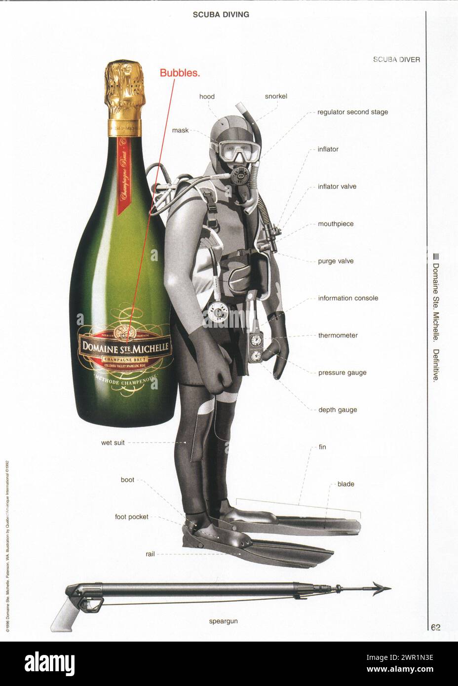 1996 Domaine Ste. Michelle Sparkling Wine Print Ad with scuba diver Stock Photo